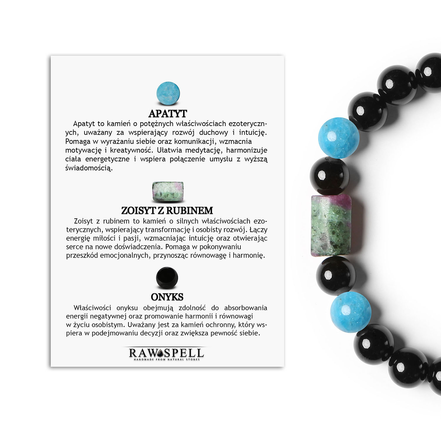 Bransoletka na gumce z kolekcji Laeri - Apatyt, Zoisyt z Rubinem, Onyks dla Kobiet i Mężczyzn Elegancka bransoletka z kolekcji Dla Kobiet i Mężczyzn na gumce Laeri, ozdobiona naturalnymi kamieniami: apatytem, zoisytem z rubinem i onyksem.