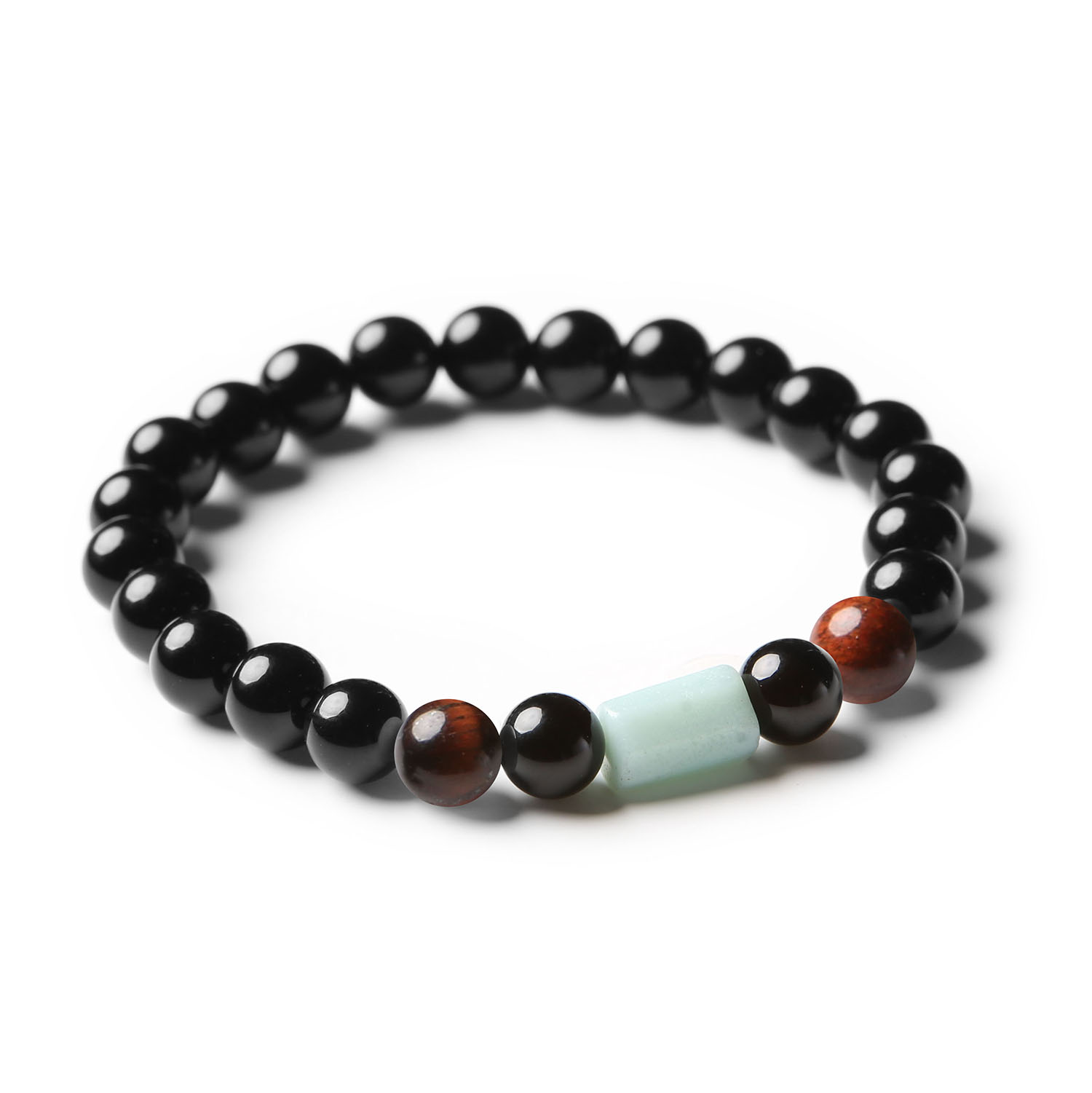 Elegancka bransoletka Laeri wykonana z kamieni Bawole Oko, Amazonit i Onyks, dostępna dla kobiet i mężczyzn.