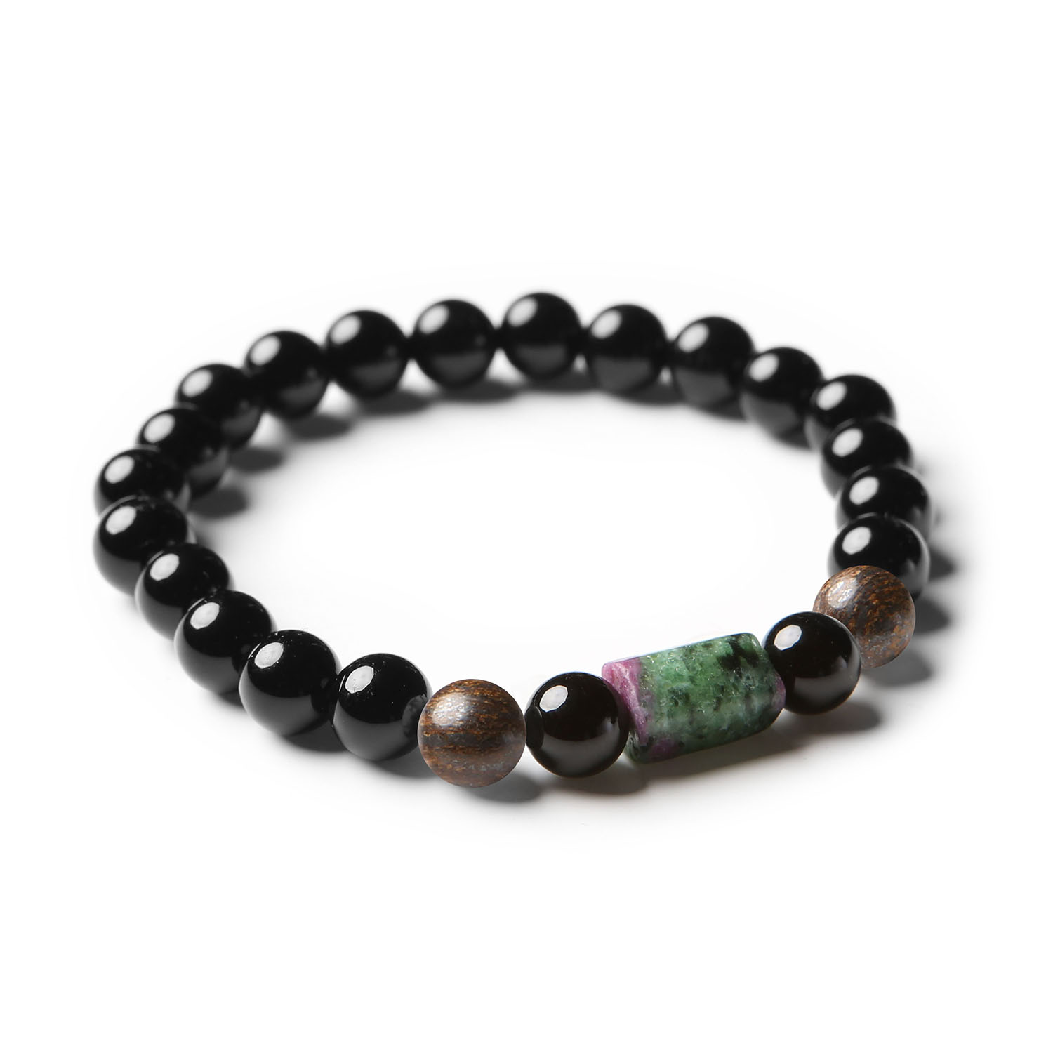 Kolekcja Laeri: bransoletka z gumki z naturalnymi kamieniami bronzytu, zoisytów z rubinem i onyksu, doskonała dla kobiet i mężczyzn.