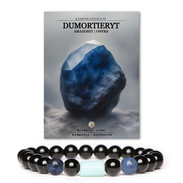 Bransoletka Laeri wykonana z dumortierytu, amazonitu i onyksu, przeznaczona zarówno dla kobiet, jak i mężczyzn.