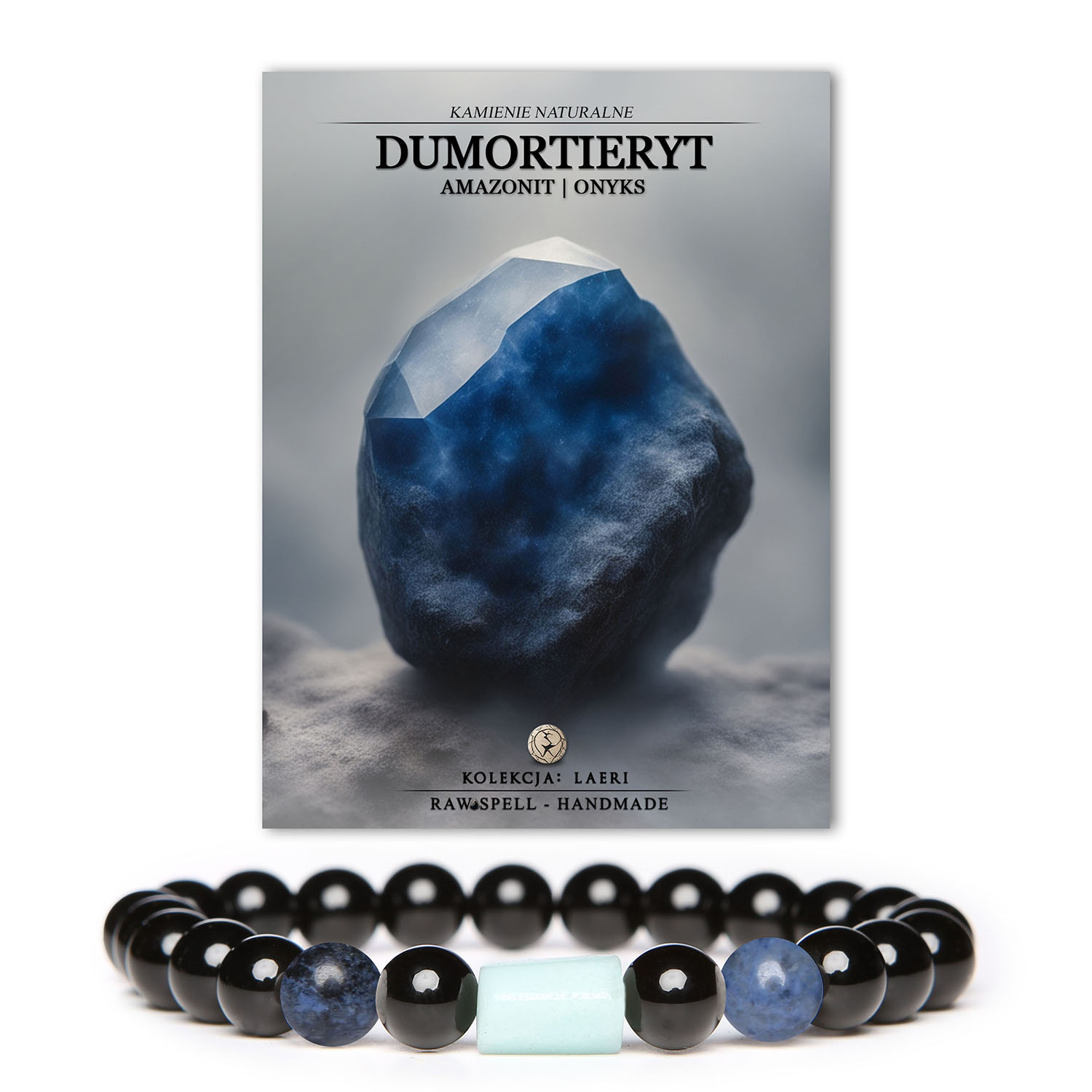 Bransoletka Laeri wykonana z dumortierytu, amazonitu i onyksu, przeznaczona zarówno dla kobiet, jak i mężczyzn.