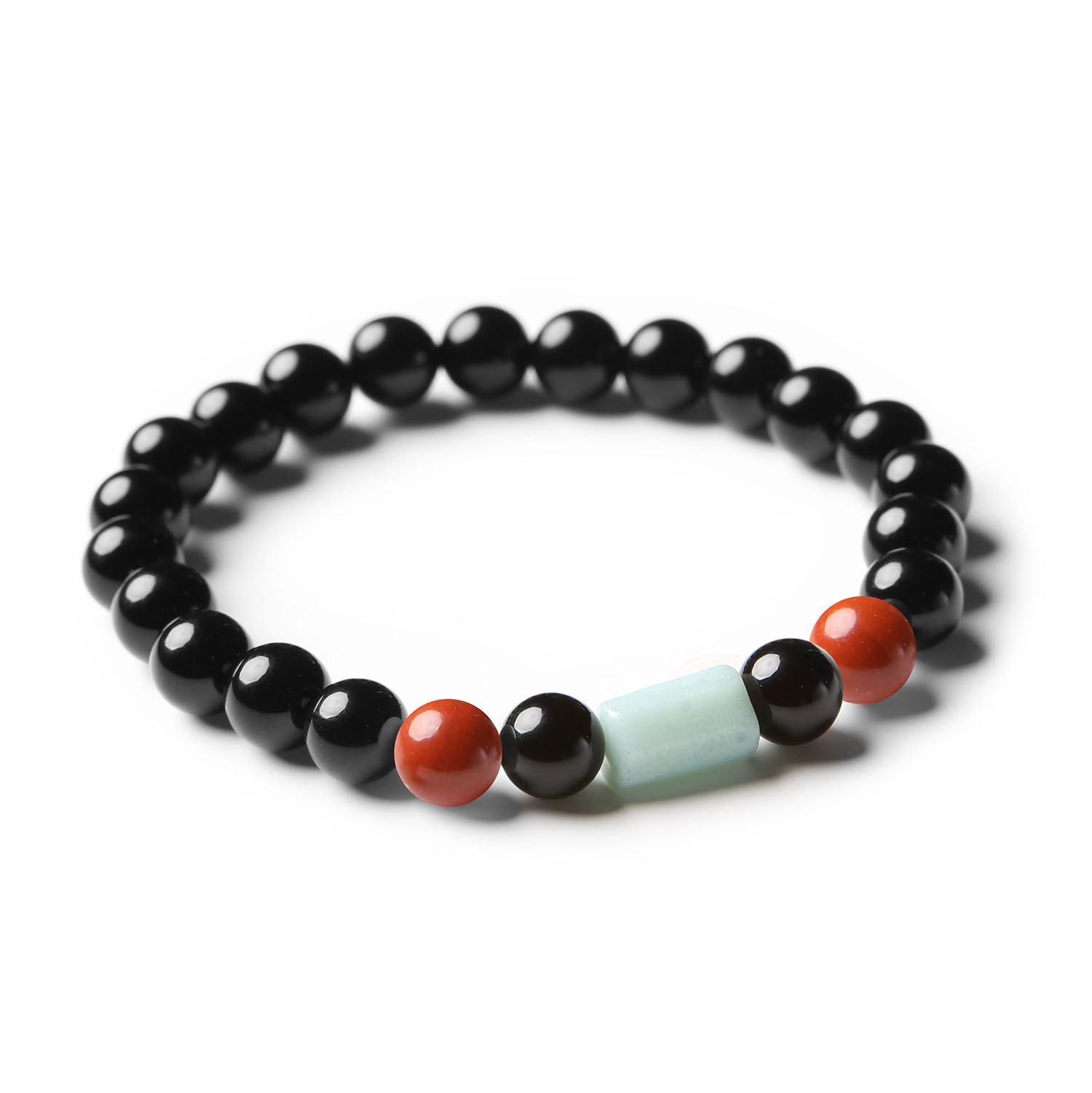 Bransoletka Laeri z naturalnych kamieni: jaspis czerwony, amazonit i onyks, idealna dla kobiet i mężczyzn.