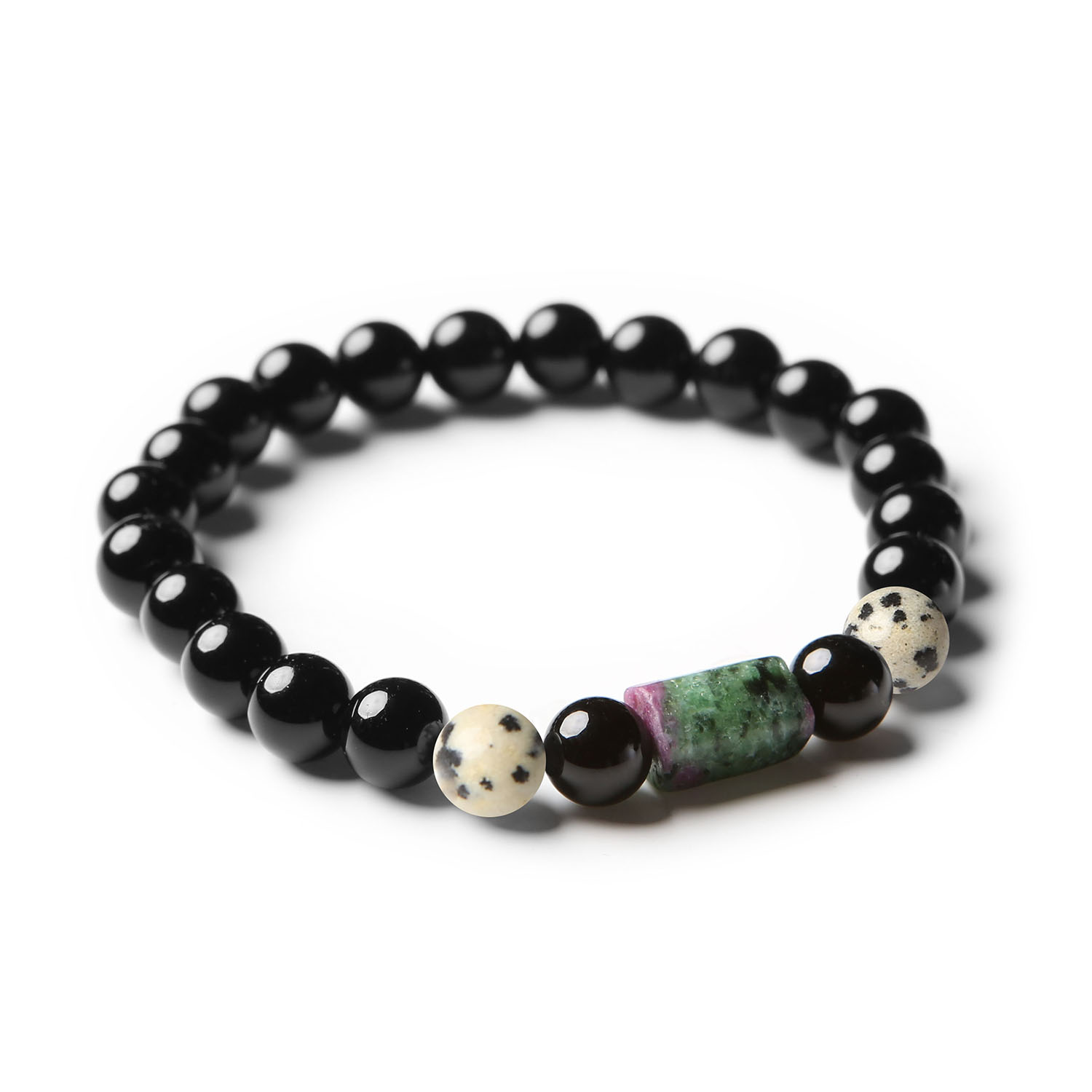 Bransoletka z kolekcji Laeri z naturalnych kamieni: jaspis dalmatyński, zoisyt z rubinem i onyks, unisex design dla wszystkich.