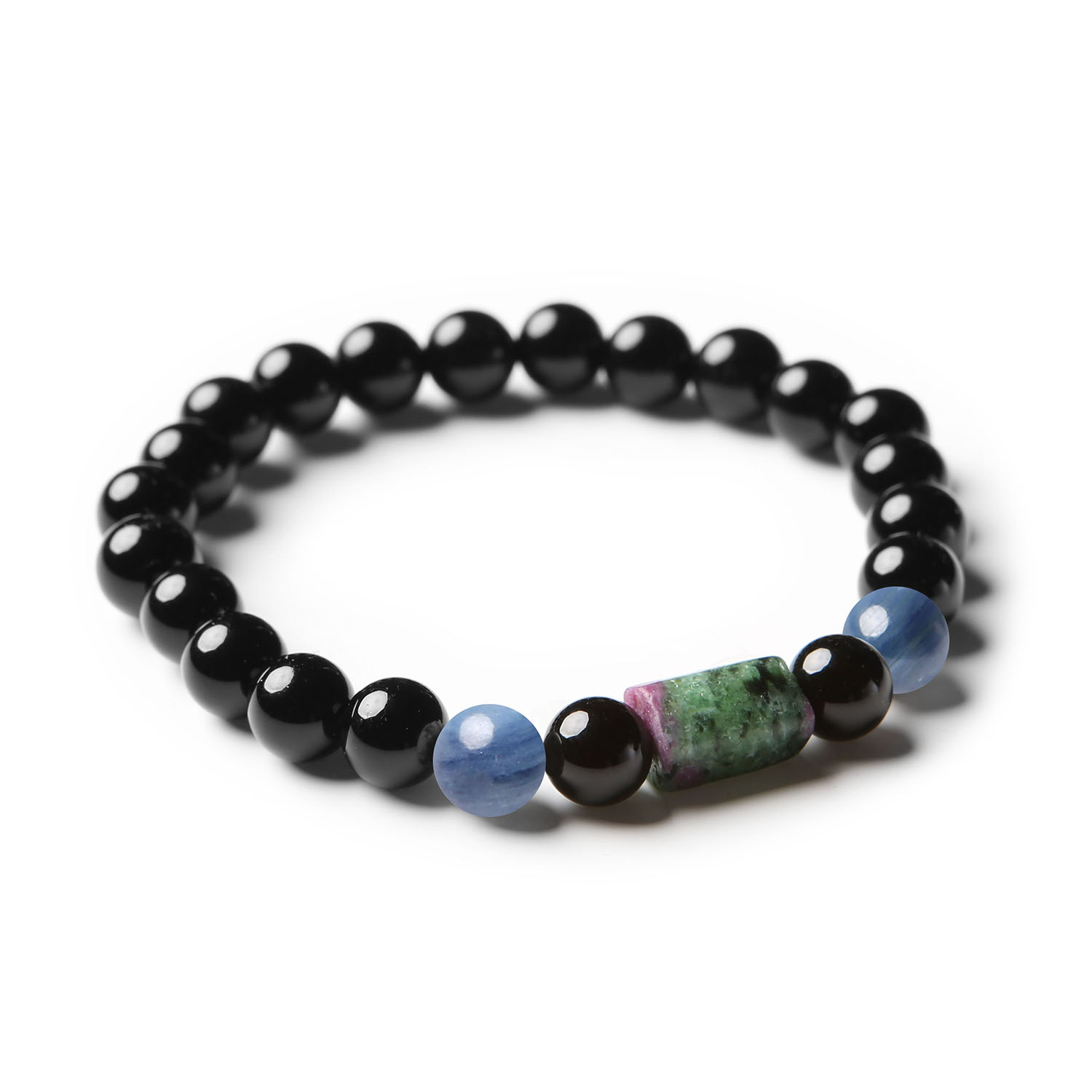 Stylowa bransoletka z kolekcji Laeri z kamieni naturalnych: kyanit, zoisyt z rubinem i onyks, doskonały dodatek dla każdego.