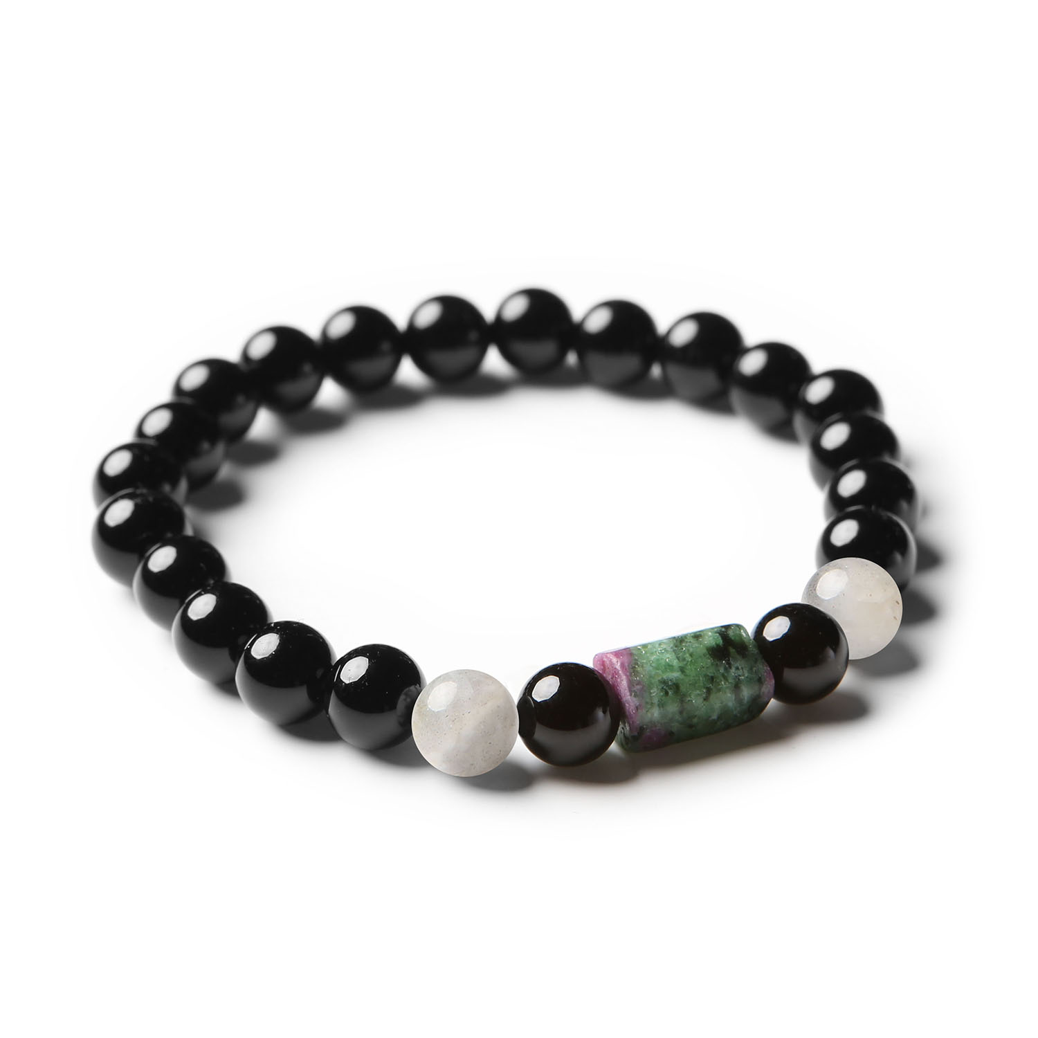 Bransoletka męska i damska Laeri na gumce z kamieniami naturalnymi - labradoryt, zoisyt z rubinem, onyks. Wyjątkowy dodatek dla każdego.