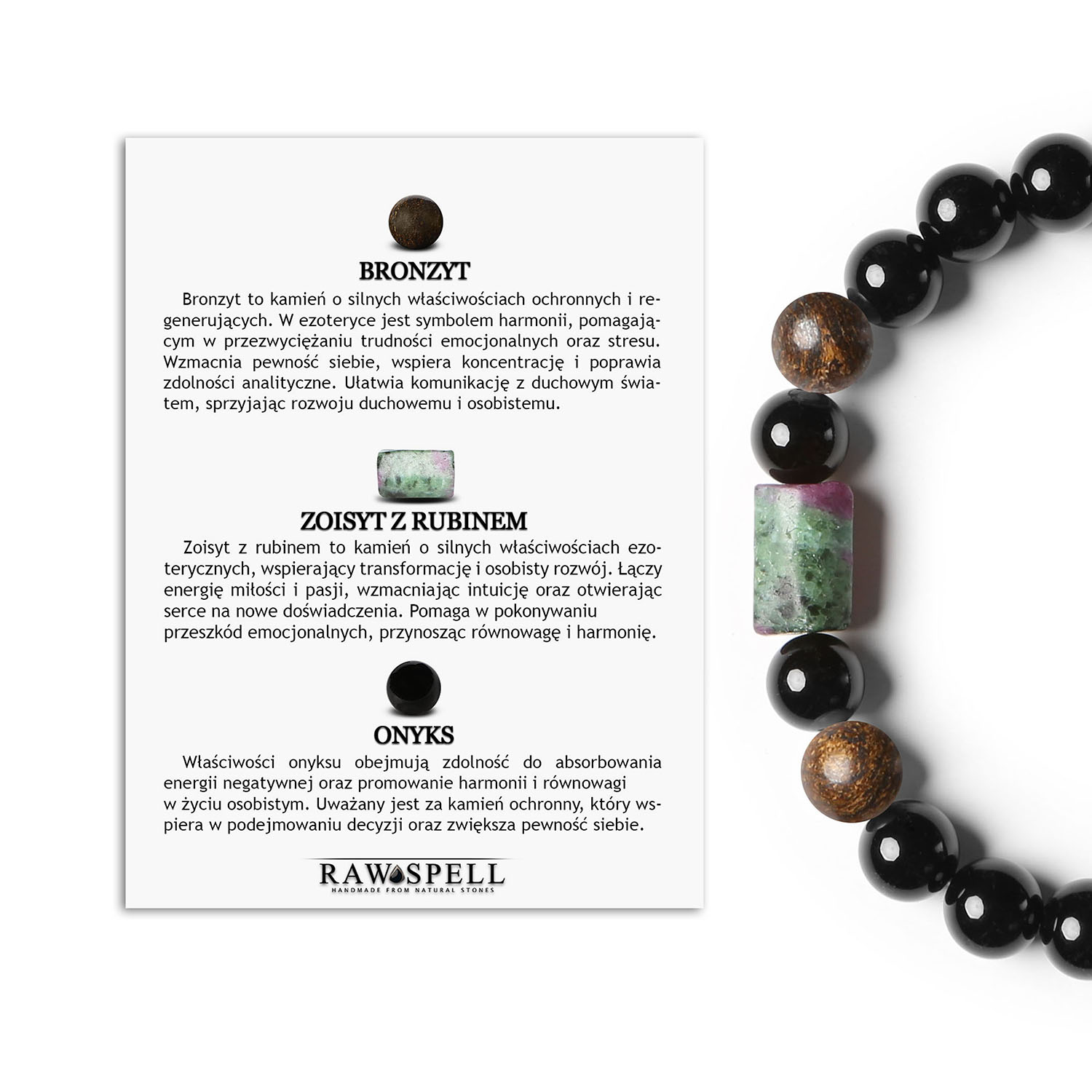 Bransoletka na gumce z kolekcji Laeri - elegancki wybór z Bronzytem, Zoisytem z Rubinem i Onyksą Elegancka bransoletka na gumce Laeri z bronzytem, zoisytami z rubinem i onyksami - idealna dla każdego.