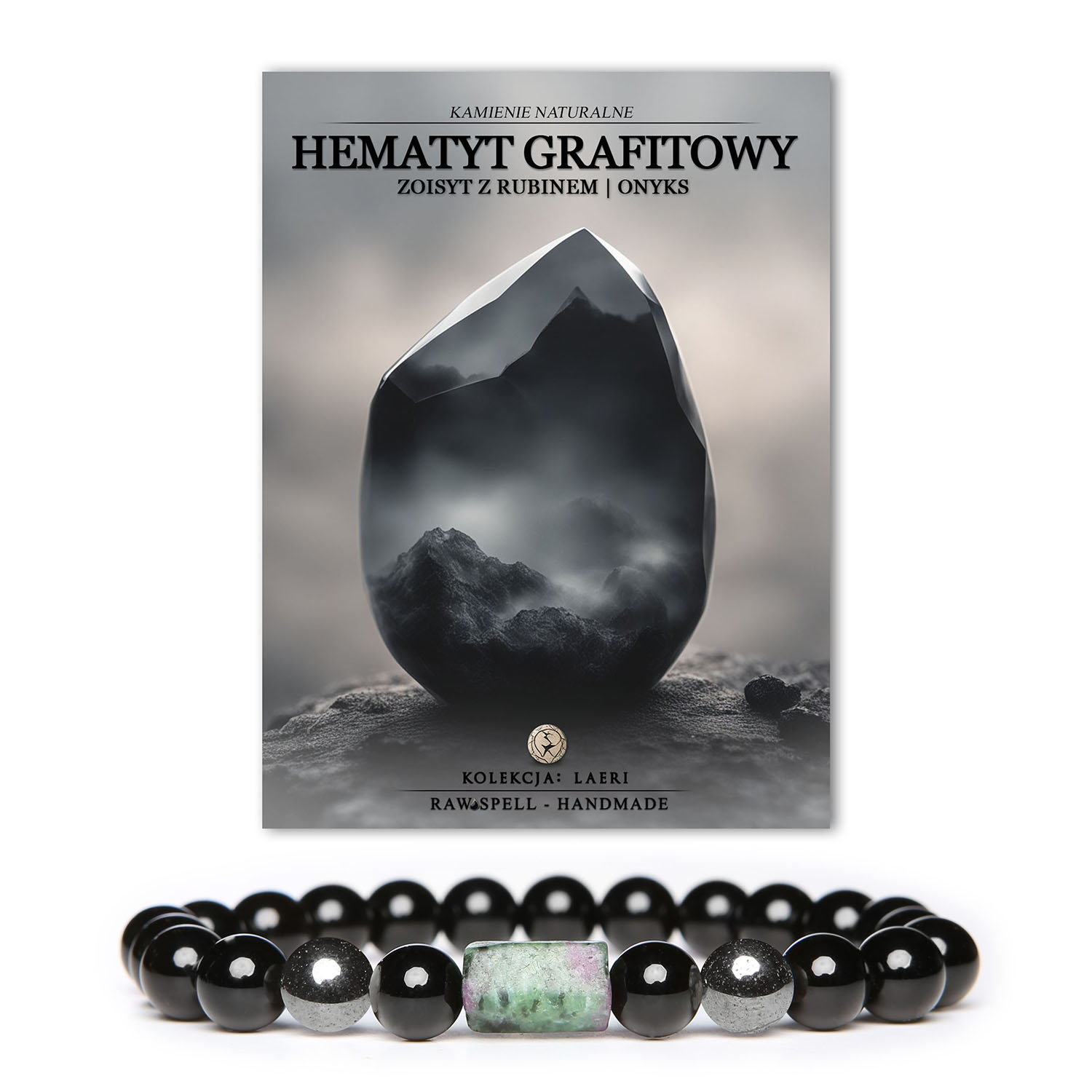 Unikatowa bransoletka Laeri z kamieniami szlachetnymi: Hematytem Grafitowym, Zoisytem z Rubinem i Onyksem, idealna dla kobiet i mężczyzn
