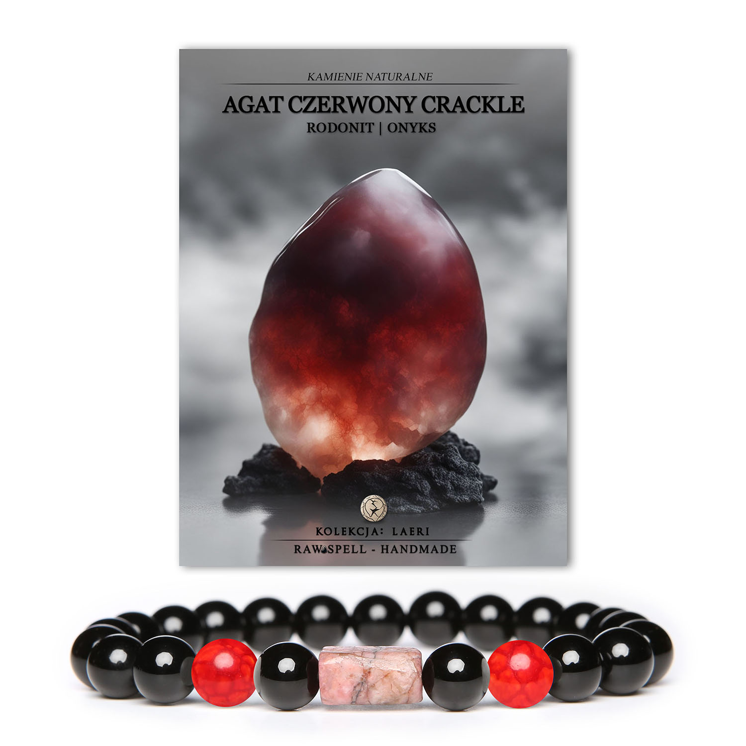 Bransoletka z kolekcji Laeri wykonana z naturalnych kamieni: Agat Czerwony Crackle, Rodonit i Onyks – idealny wybór dla wszystkich.