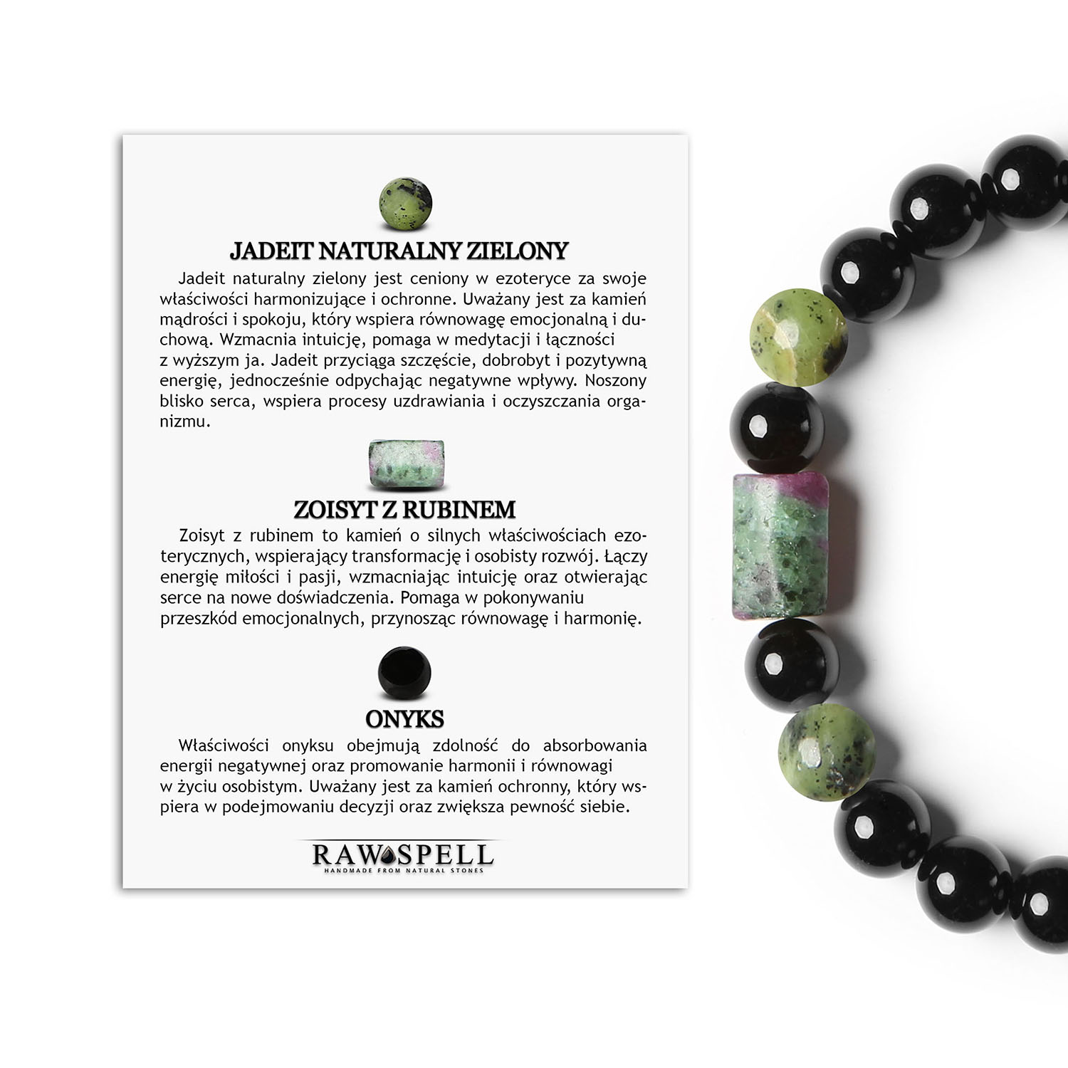 Bransoletka na gumce z kolekcji Laeri jadeit zielony, zoisyt z rubinem i onyks dla niego i dla niej Bransoletka z kamieniami naturalnymi z kolekcji Dla Kobiet i Mężczyzn na gumce Laeri: Onyks, Zoisyt z Rubinem, Jadeit Zielony