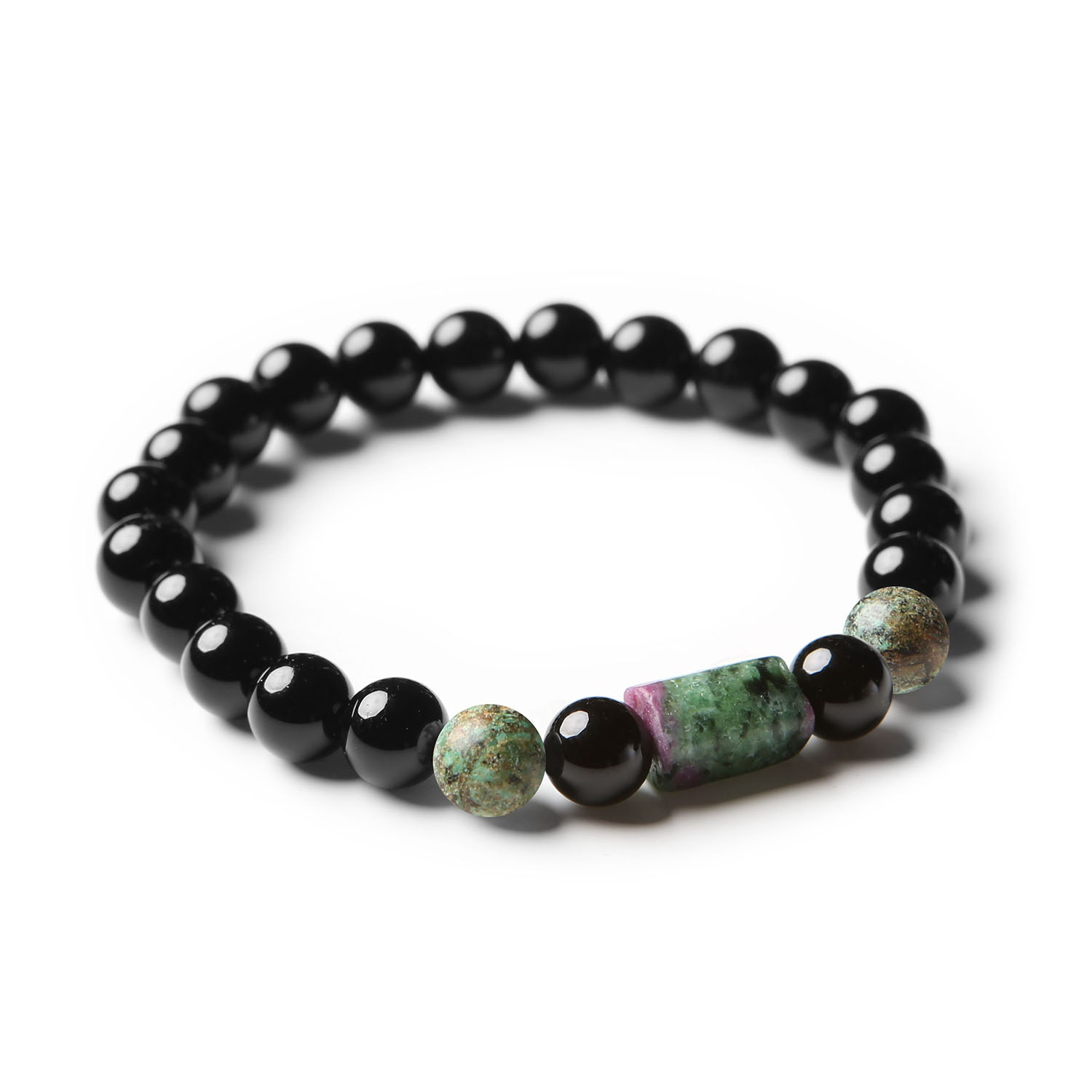 Bransoletka z kolekcji dla kobiet i mężczyzn z gumki Laeri, ozdobiona kombinacją kamieni naturalnych, ze zysoitem, rubinem i onykiem.