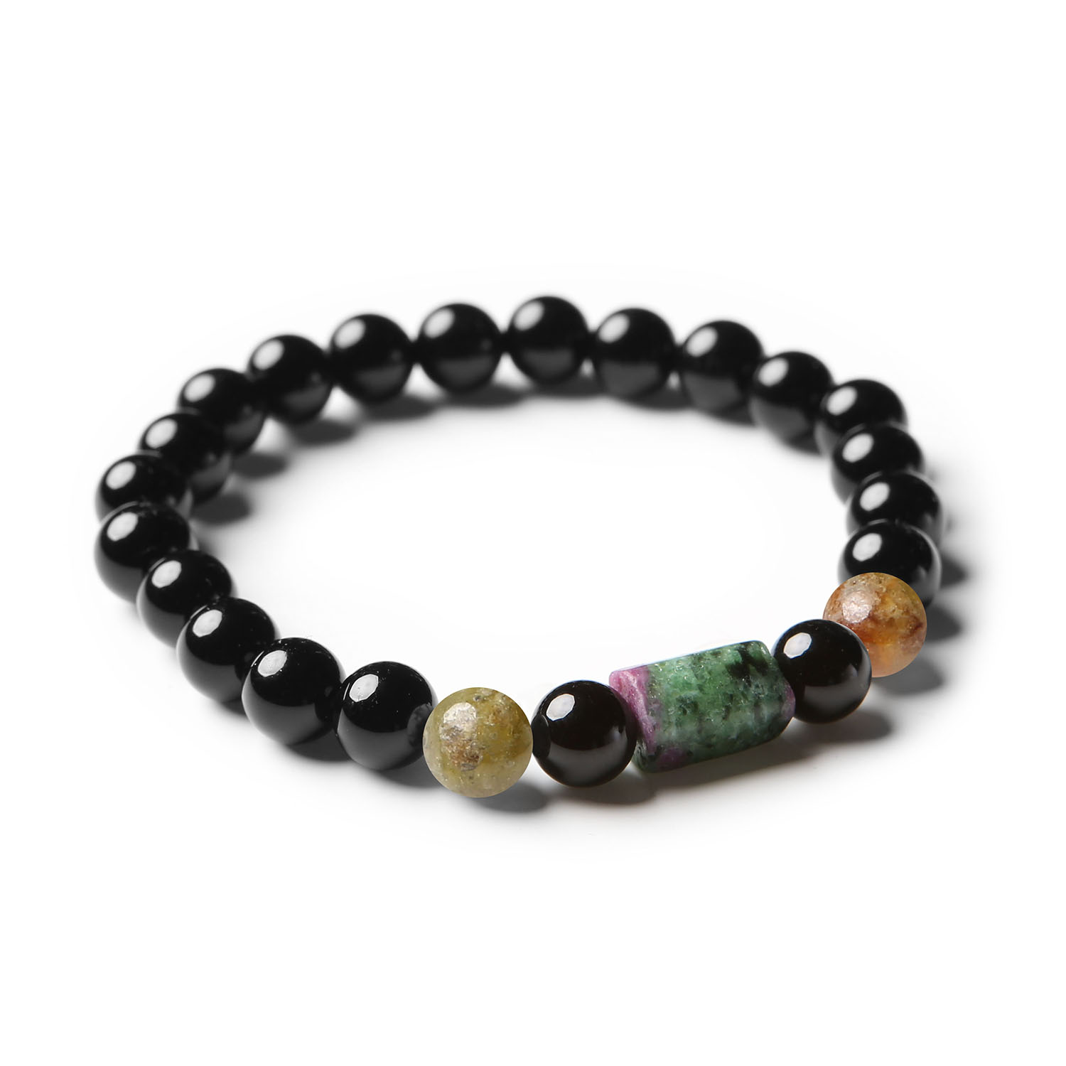 Bransoletka Laeri z granatu zielonego, zoisytu z rubinem i onyksem – naturalne kamienie w eleganckim designie, odpowiednia dla obu płci.