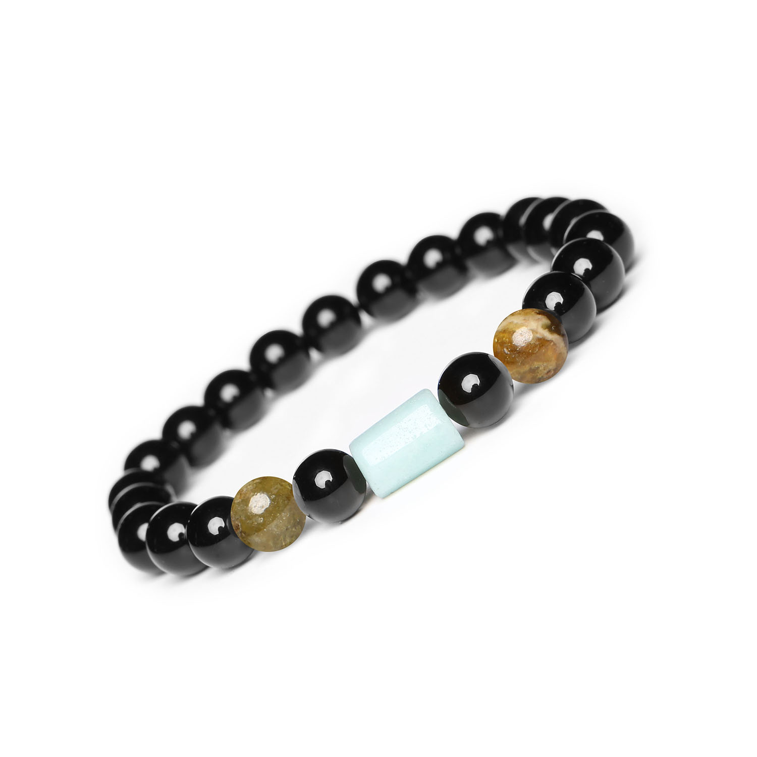 Bransoletka na gumce z kolekcji Laeri w kolorze granatowym i zielonym z amazonitem oraz onyksem dla kobiet i mężczyzn Elegancka bransoletka Laeri z kamieniami naturalnymi, w tym zielonym granatem, amazonitem i onyksami - modny dodatek unisex.