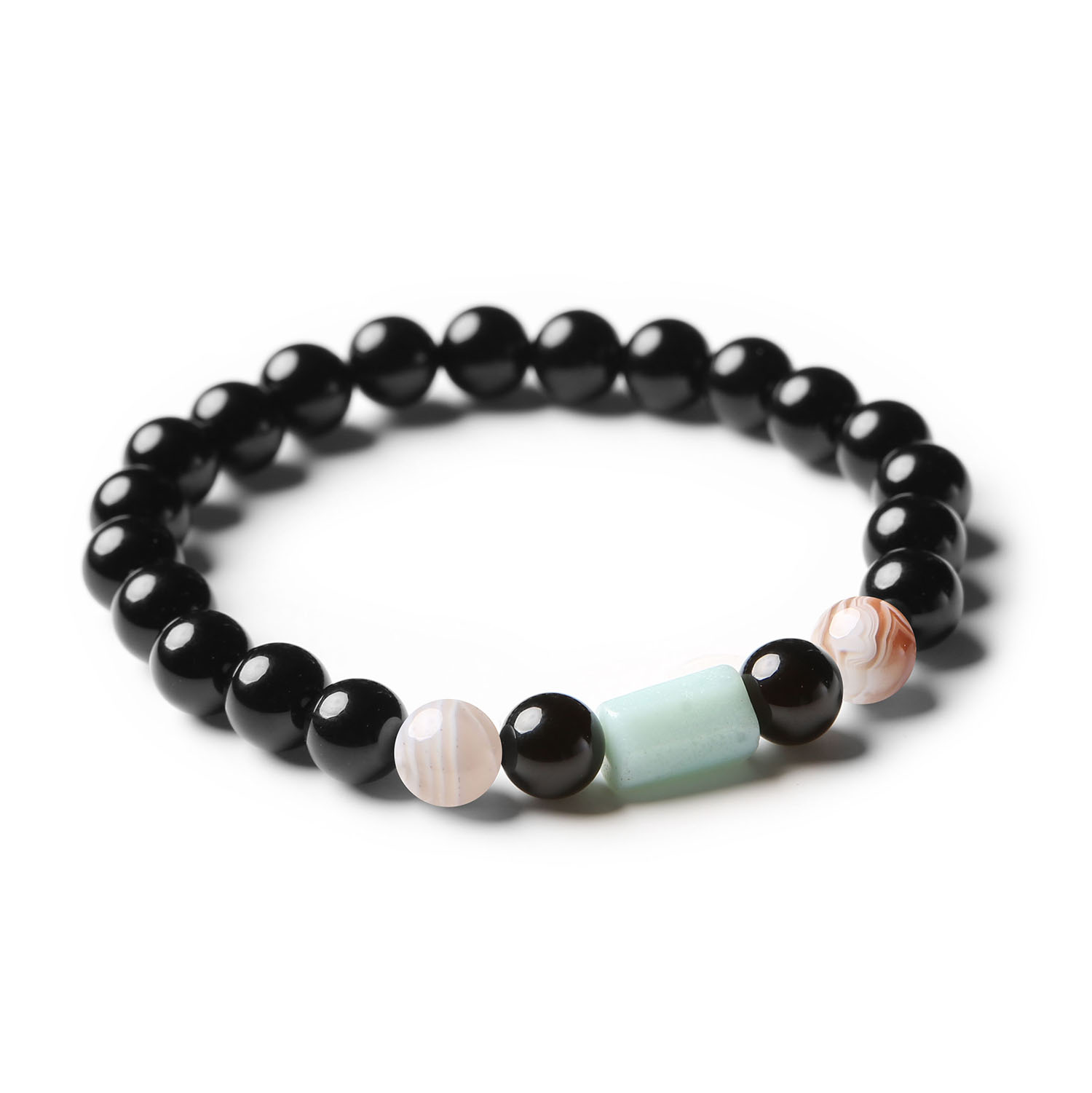 Stylowa bransoletka Laeri z kamieniami naturalnymi: agat Botswana, amazonit oraz onyks, przeznaczona dla kobiet i mężczyzn.