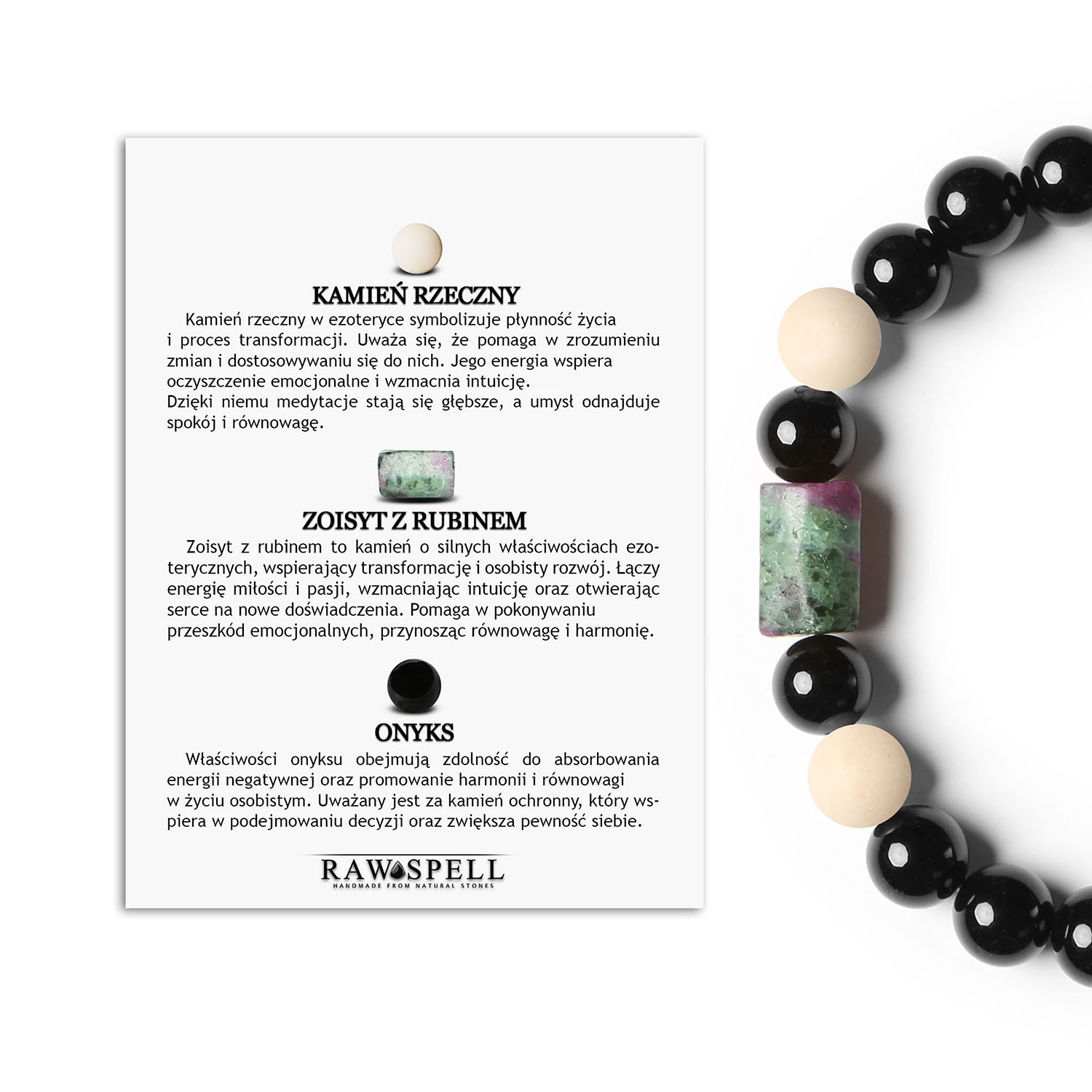 Bransoletka na gumce z kolekcji Laeri z Kamieniem Rzecznym, Zoisyt z Rubinem i Onyks dla kobiet i mężczyzn Bransoletka z ziarnisty kamień zoisyt w centrum i rubinem wokół, na gumce Laeri.