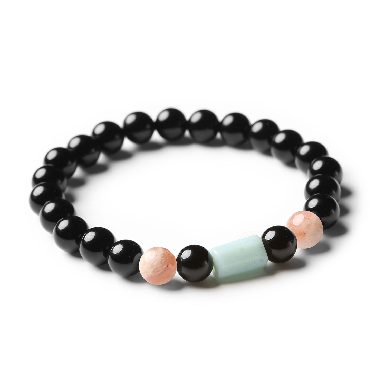 Elegancka bransoletka Laeri z kamieniami naturalnymi: Kamień Słoneczny, Amazonit i Onyks, odpowiednia dla każdej osoby.