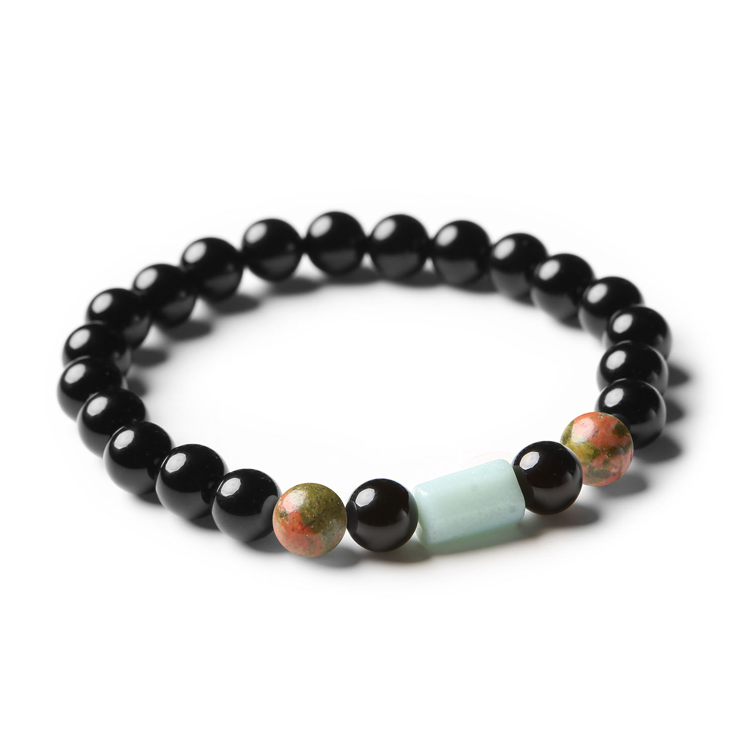 Bransoletka uniseks Laeri: połączenie piękna unakitu, spokojnego amazonitu i ponadczasowego onyksu – doskonały dodatek dla każdego.