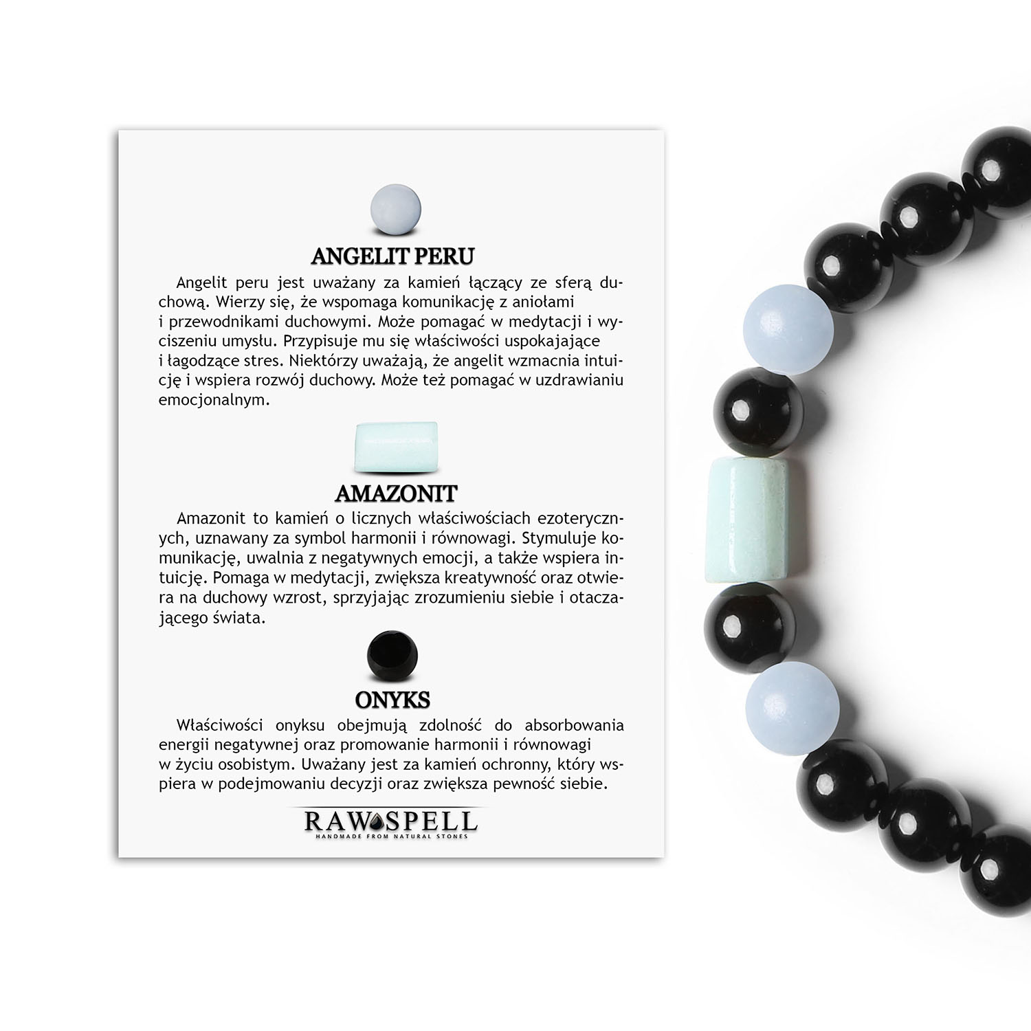 Bransoletka na gumce z kolekcji Laeri, z angelitem, amazonitem i onyksami – uniwersalny dodatek dla wszystkich Stylowa bransoletka z kolekcji Laeri, wykonana z angelitu, amazonitu i onyksu; doskonały dodatek dla każdej płci.