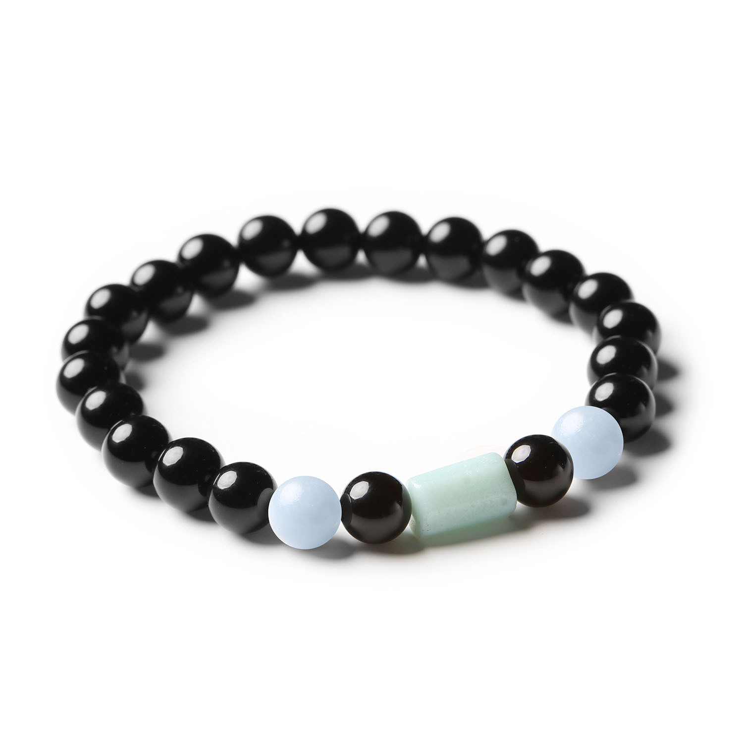 Bransoletka Laeri z kamieniami naturalnymi: elegancki design z angelitem z Peru, amazonitem i onyksami, stworzona dla kobiet i mężczyzn.