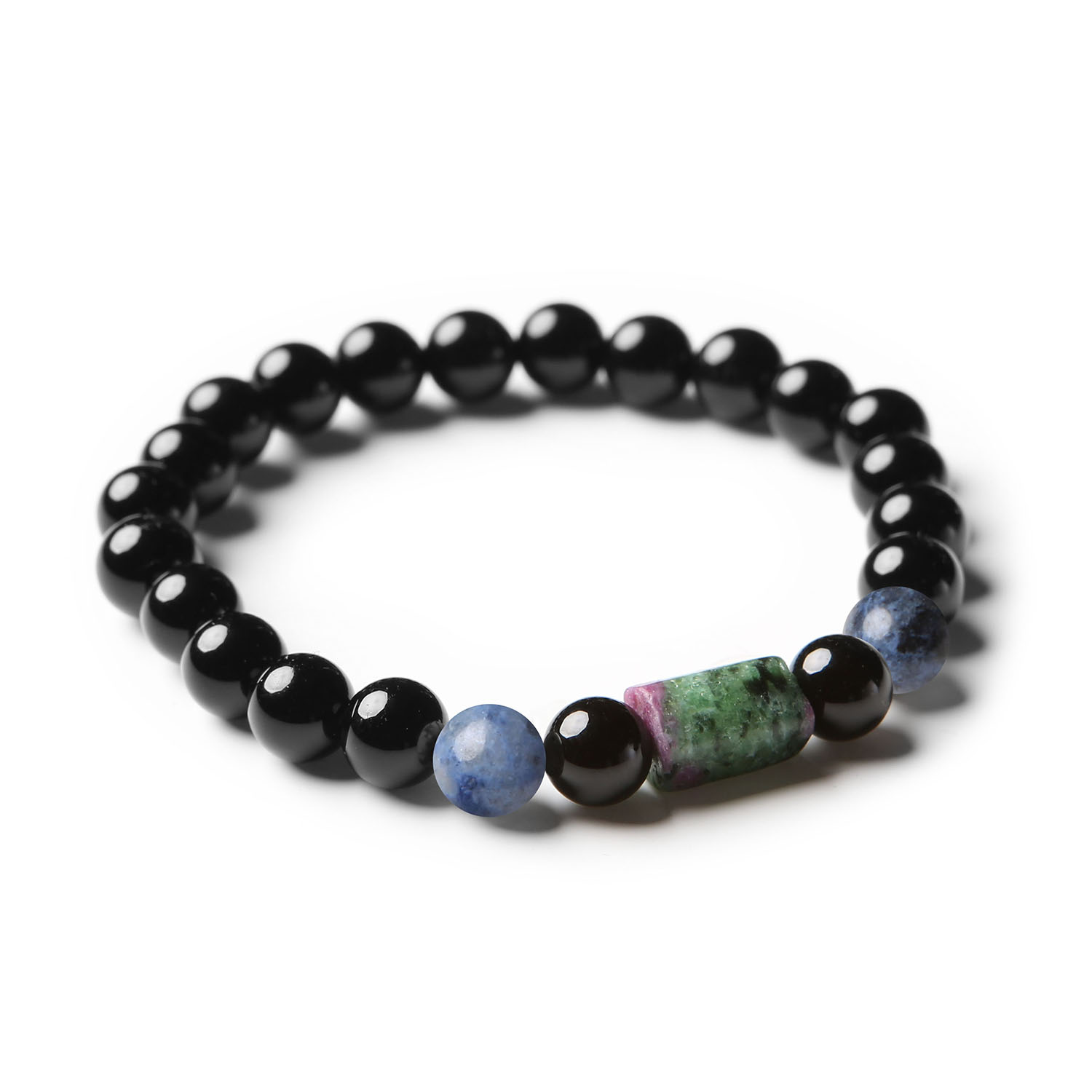 Elegancka bransoletka z kolekcji Laeri, wykonana z naturalnych kamieni: dumortierytu, zoisytu z rubinem i onyksu, przeznaczona dla kobiet i mężczyzn.