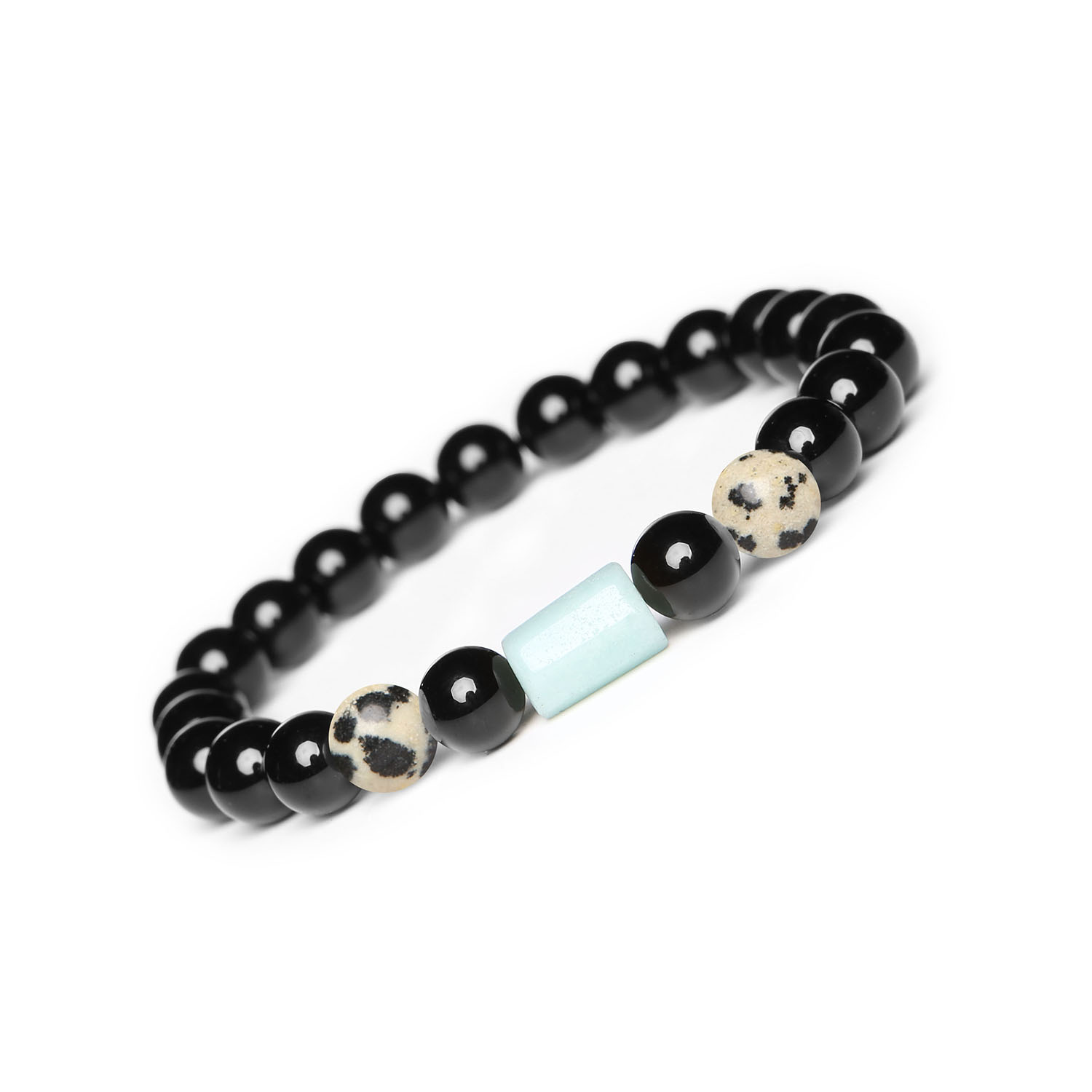 Bransoletka na gumce z kolekcji Laeri z jaspisem dalmatyńskim, amazonitem i onyksem dla kobiet i mężczyzn Elegancka bransoletka z kolekcji Laeri, zdobiona kamieniami Jaspis Dalmatyński, Amazonit i Onyks, uniwersalna dla obu płci.