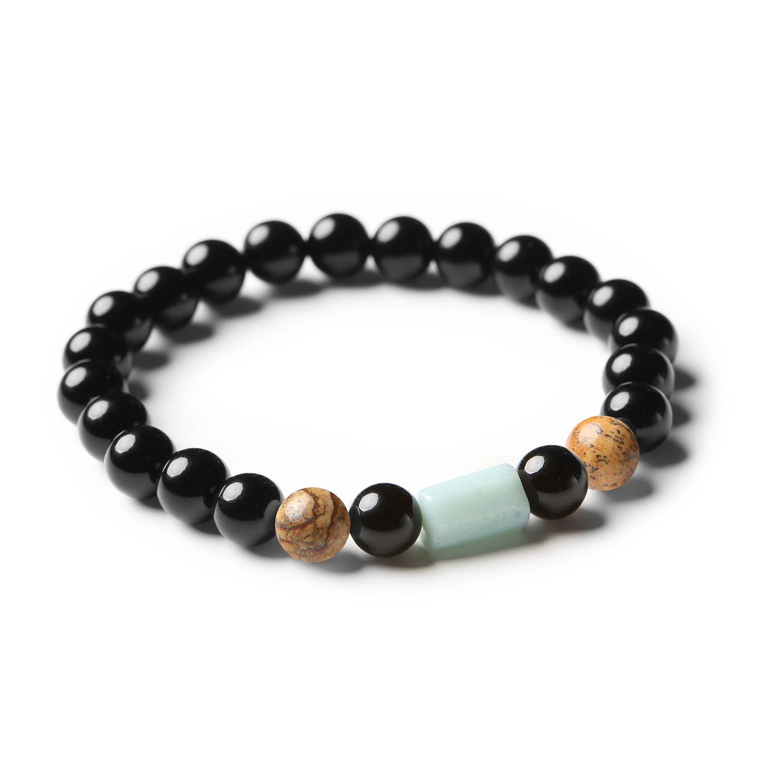 Bransoletka Laeri z unikalnymi kamieniami naturalnymi: jaspis obrazkowy, amazonit i onyks, odpowiednia dla kobiet i mężczyzn.