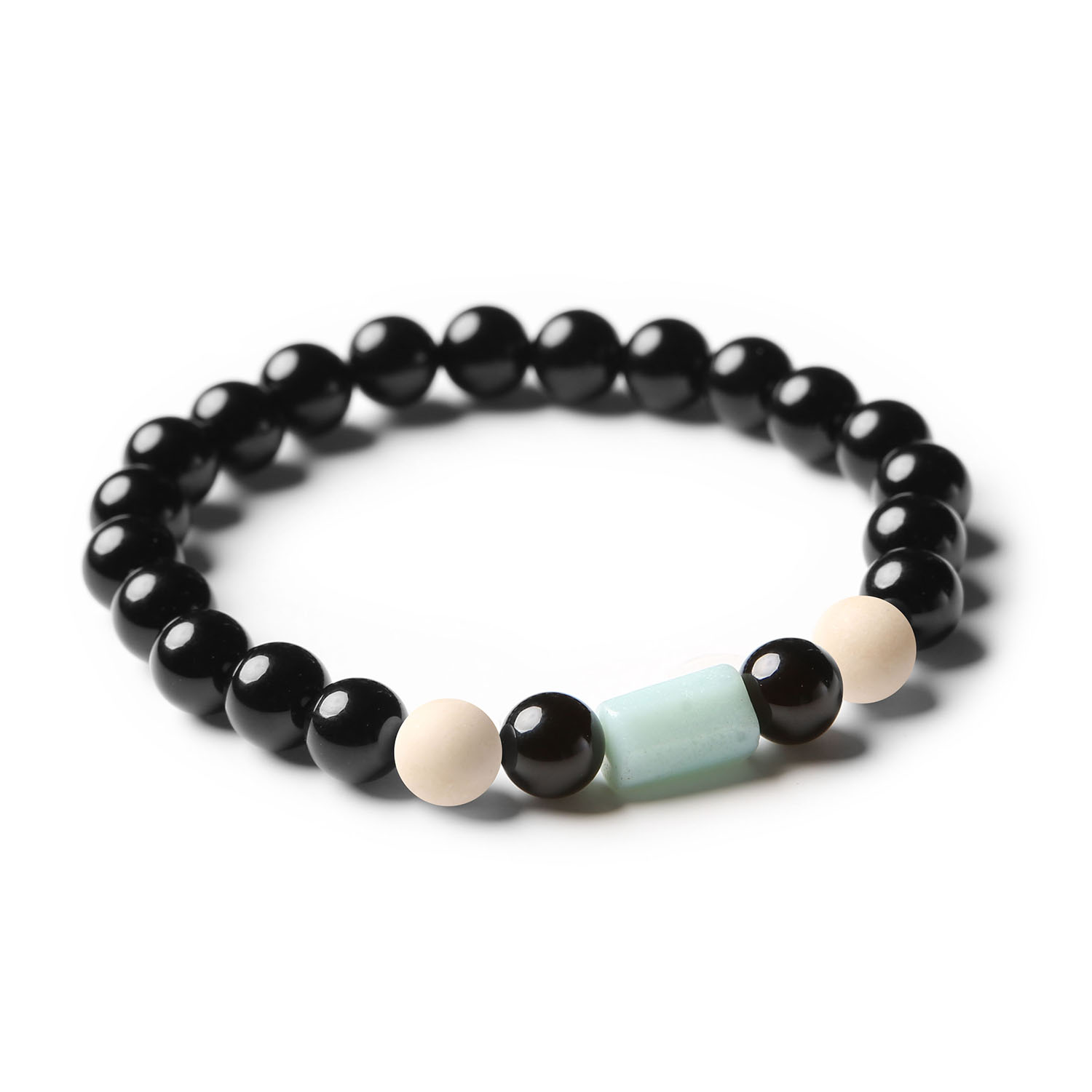 Bransoletka z kolekcji Laeri, zawierająca kamienie naturalne: rzeczny kamień, amazonit i onyks, dla kobiet i mężczyzn.