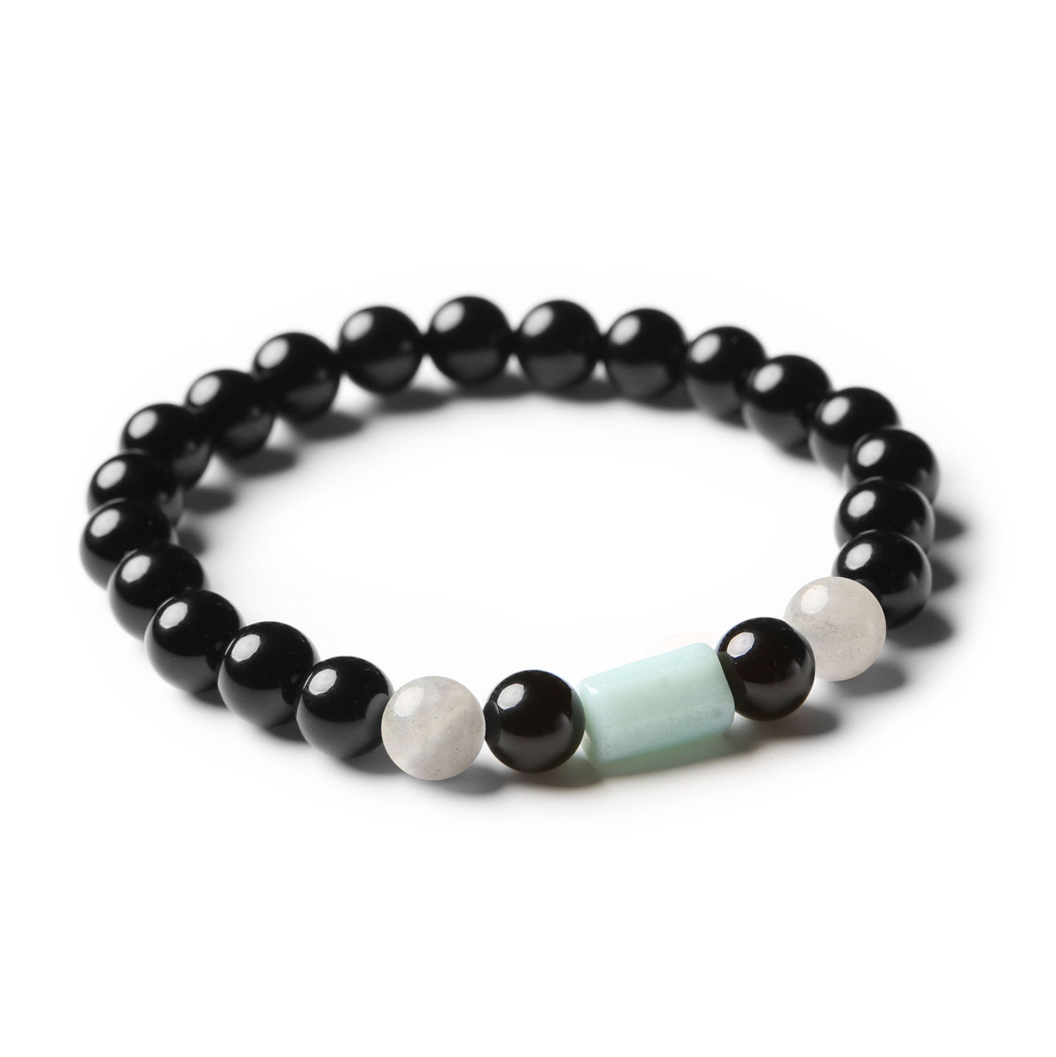 Elegancka bransoletka z naturalnych kamieni: labradoryt, amazonit i onyks, z kolekcji Laeri, dostępna dla kobiet i mężczyzn.