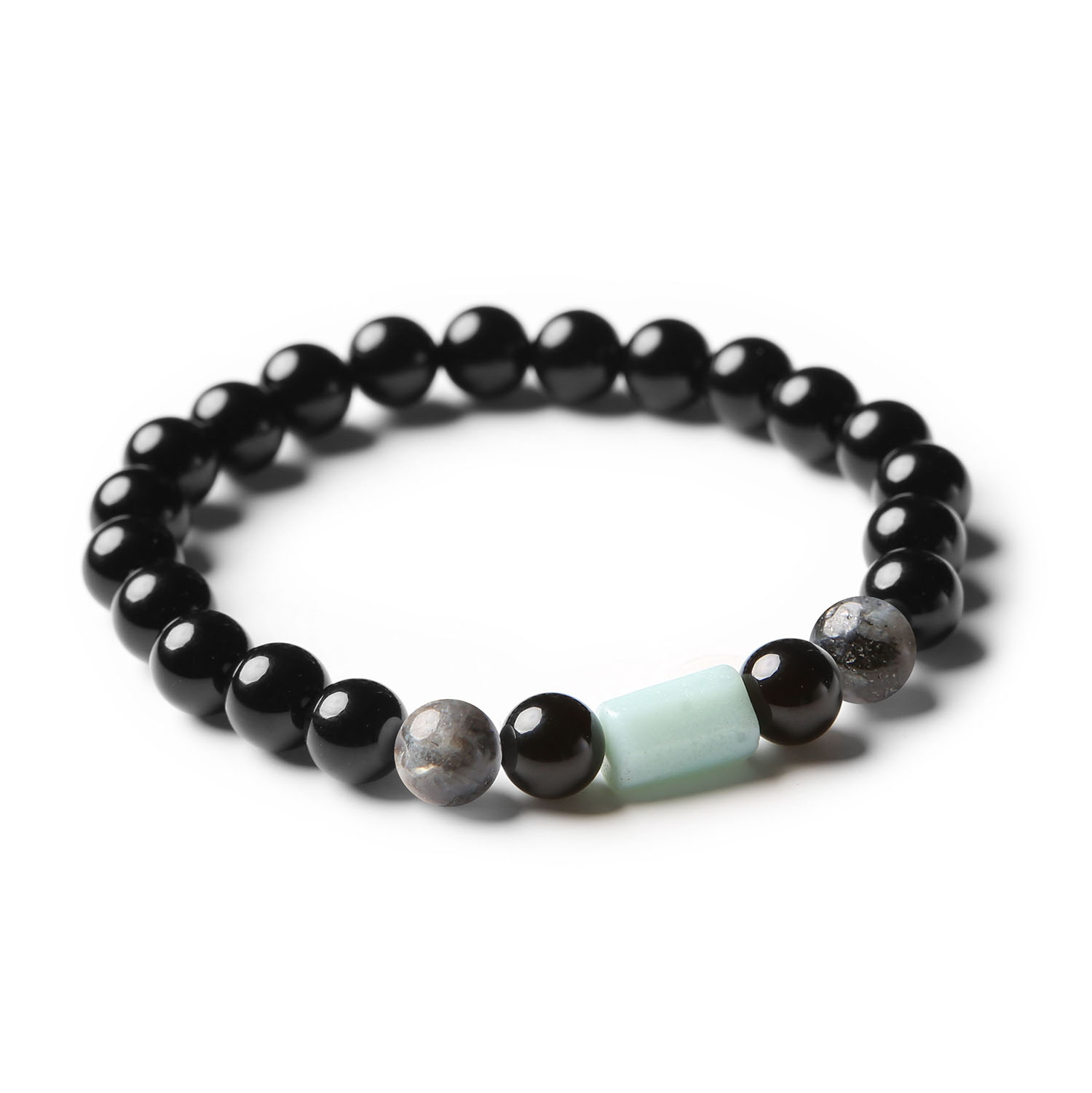 Elegancka bransoletka Laeri z kamieni naturalnych: larvikit, amazonit oraz onyks – doskonała biżuteria dla nich i dla nich.