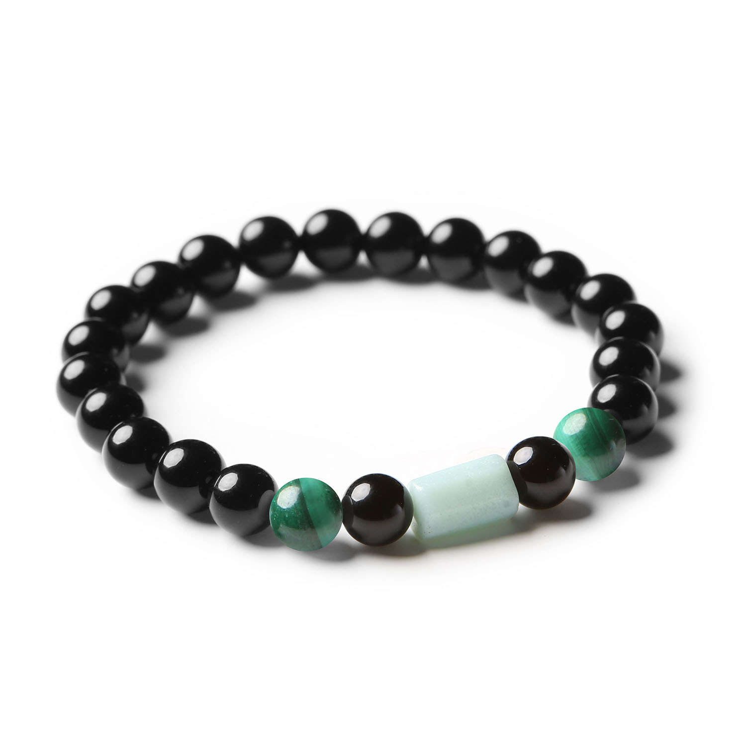 Bransoletka Laeri z wyjątkowych kamieni naturalnych - malachitu, amazonitu i onyksem, odpowiednia dla kobiet i mężczyzn.