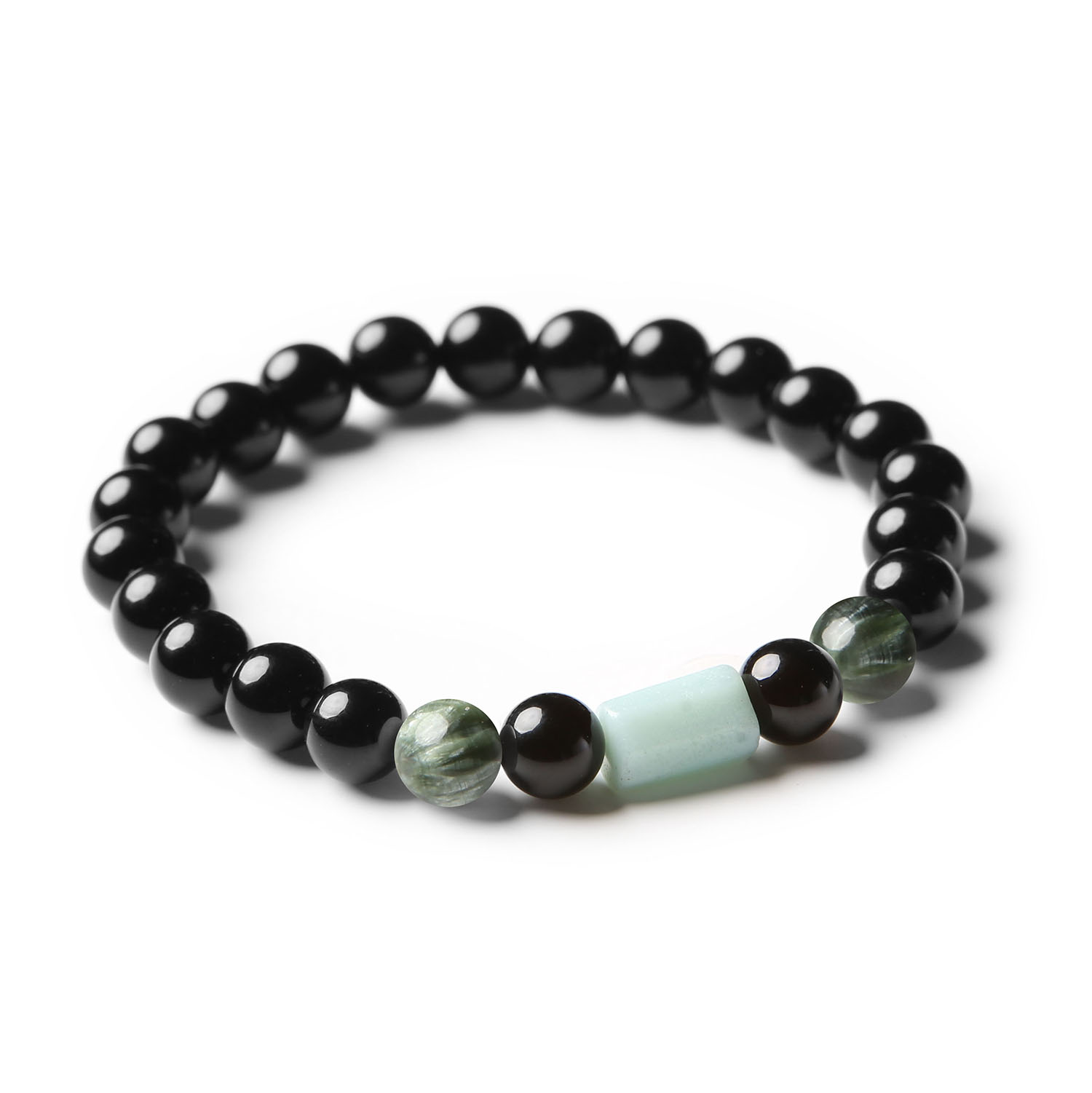 Bransoletka z kolekcji Laeri z kamieniami naturalnymi: serafinit, amazonit i onyks. Unisex, doskonała na każdą okazję.