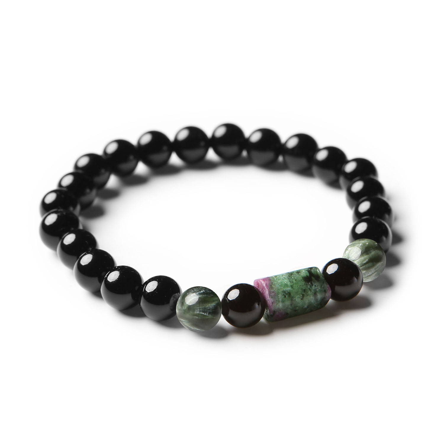 Elegancka bransoletka Laeri, wykonana z kamieni naturalnych: serafinit, zoisyt z rubinem oraz onyks, doskonała dla wszystkich płci.