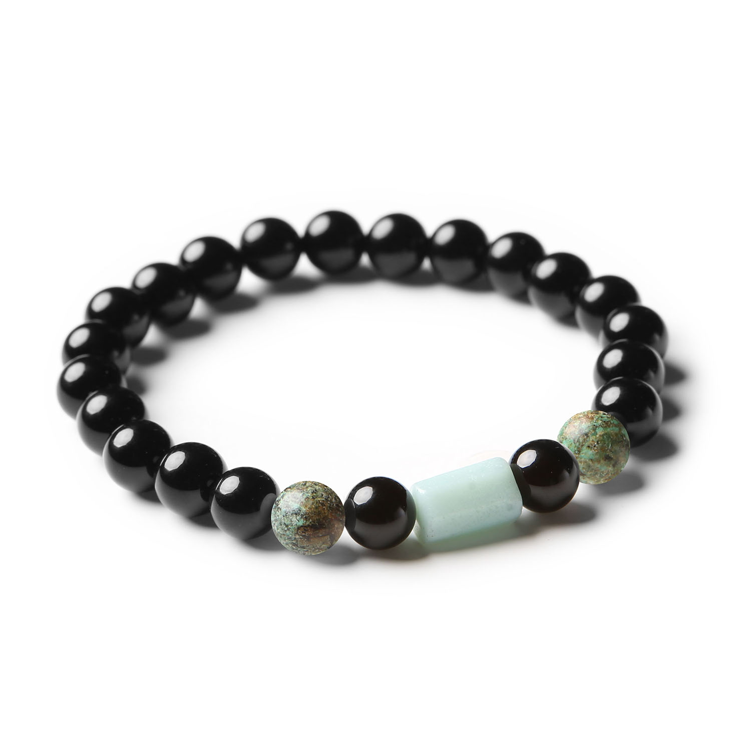 Elegancka bransoletka z naturalnymi kamieniami: turkus afrykański, amazonit i onyks z kolekcji Laeri, uniwersalna dla obu płci.