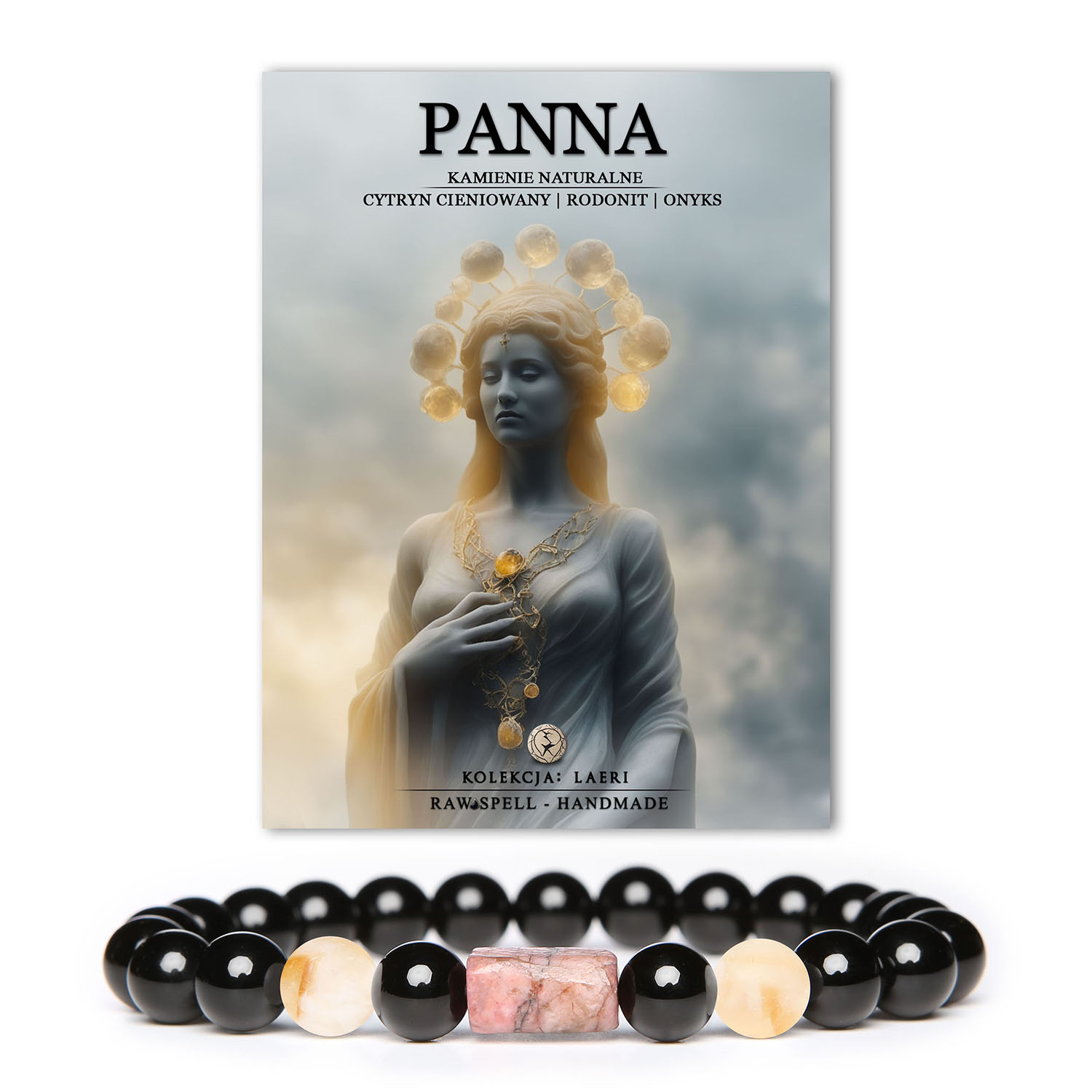 Bransoletka z kamieni naturalnych dla kobiet i mężczyzn, wykonana z cytrynu cieniowanego, rodonitu i onyksu, inspirowana znakiem Panny.