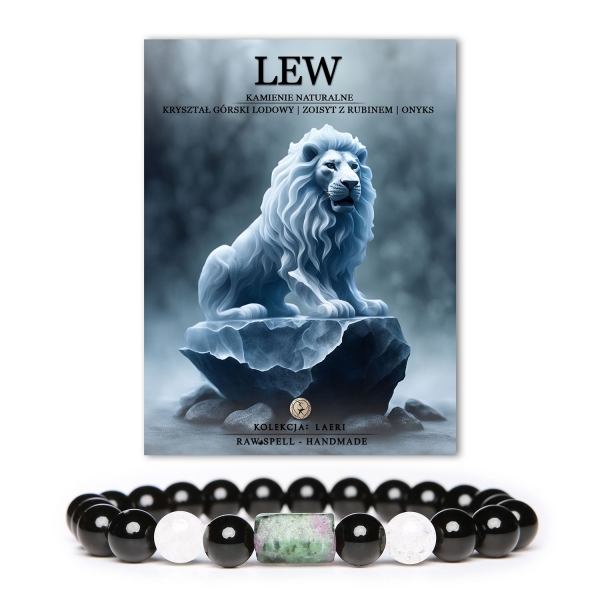 Bransoletka z kryształów dla Lwa, wykonana z Kryształu Górskiego, Zoisytu i Onyksu. Doskonały dodatek zarówno dla kobiet, jak i mężczyzn.