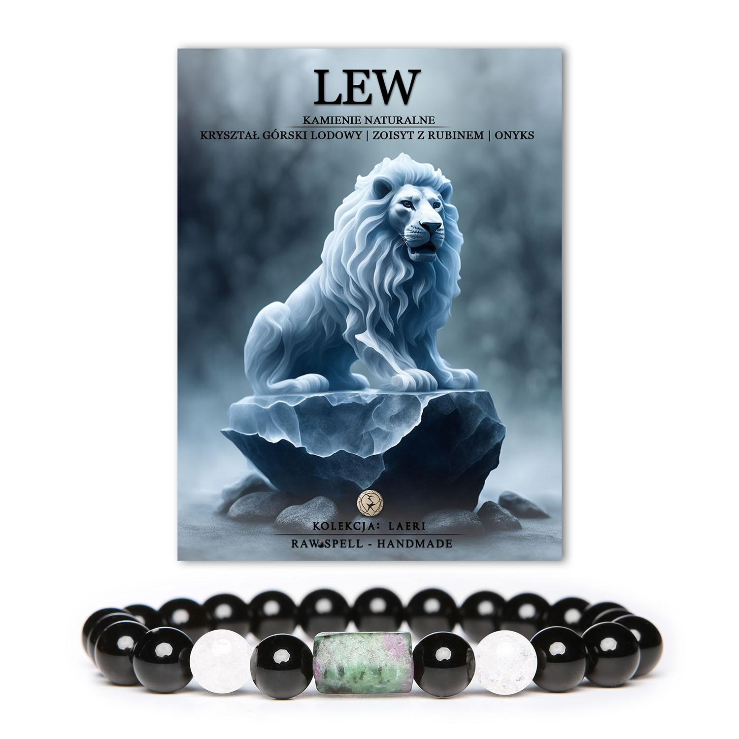 Bransoletka z kryształów dla Lwa, wykonana z Kryształu Górskiego, Zoisytu i Onyksu. Doskonały dodatek zarówno dla kobiet, jak i mężczyzn.