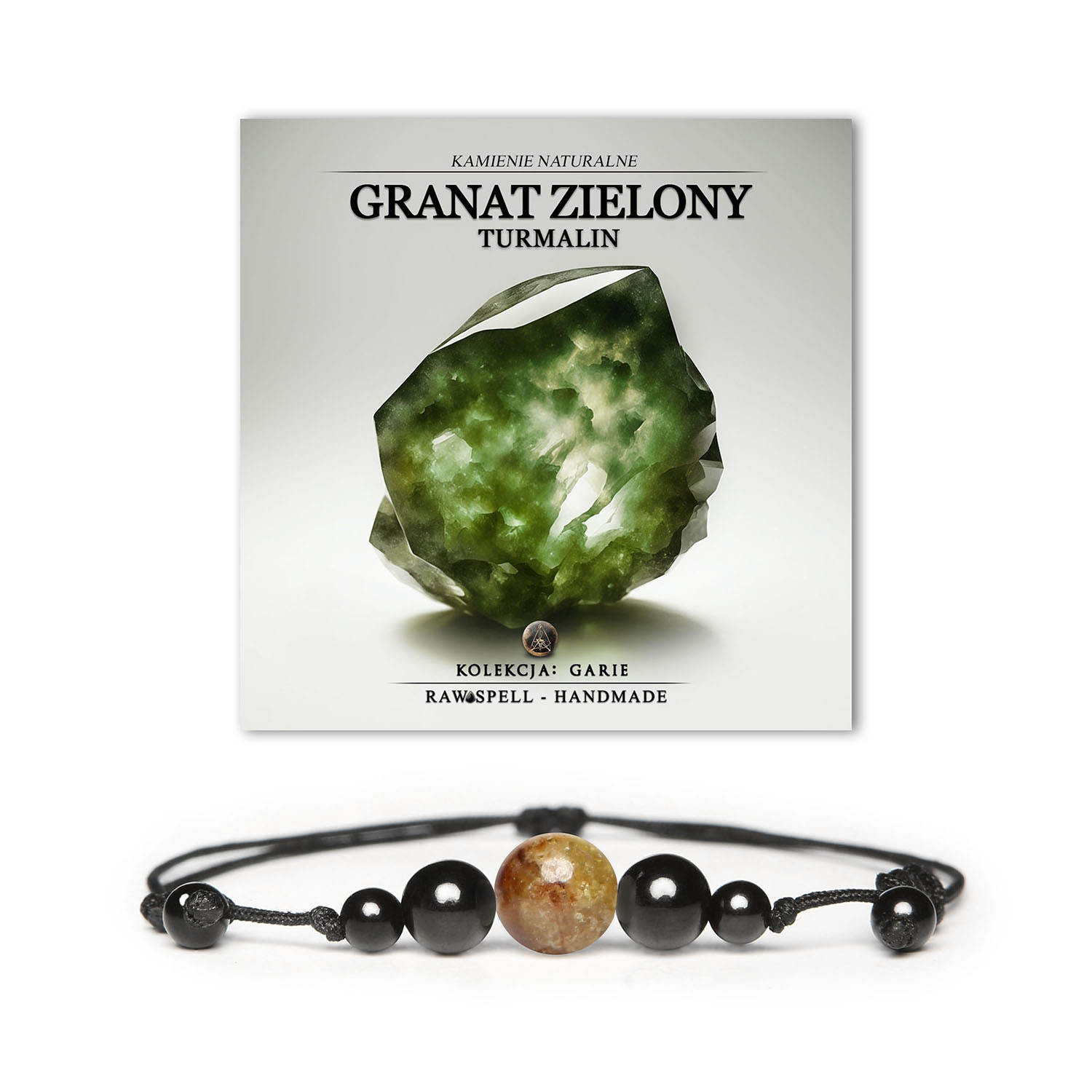Bransoletka z kolekcji Garie z naturalnymi kamieniami: zielony granat i turmalin, przeznaczona dla kobiet i mężczyzn.