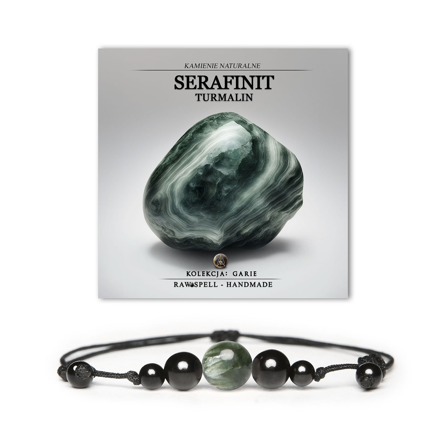 Stylowa bransoletka z kolekcji Garie, zawierająca naturalne kamienie serafinitu oraz turmalinu, doskonała dla kobiet i mężczyzn.