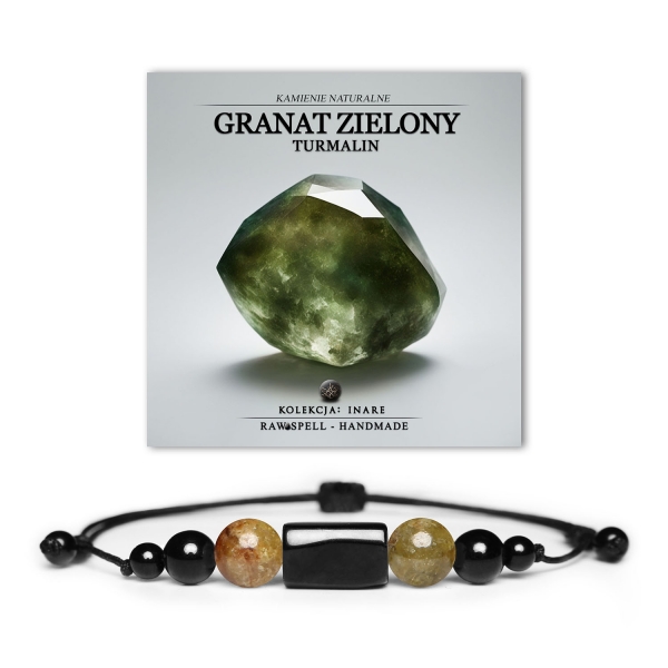 Stylowa bransoletka Inare, ozdobiona zielonym granatem i turmalinem, przeznaczona dla kobiet i mężczyzn.