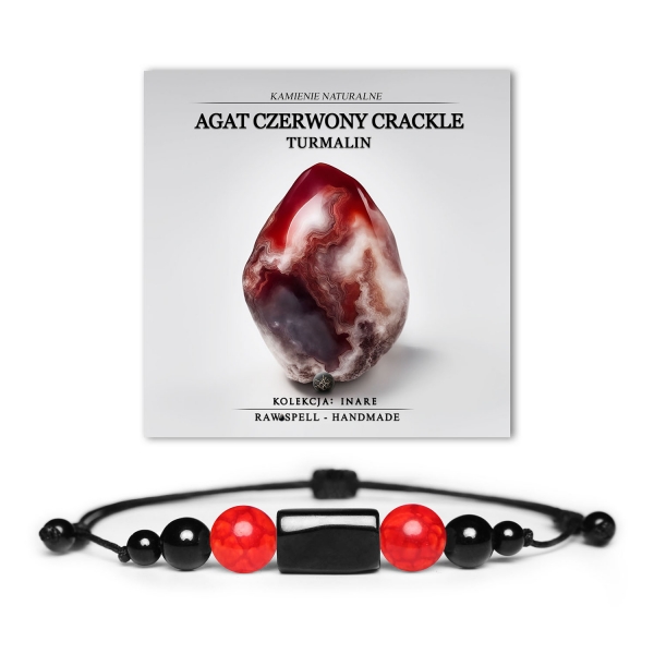 Bransoletka Inare z naturalnych kamieni: czerwony agat crackle i turmalin, idealna dla kobiet i mężczyzn.