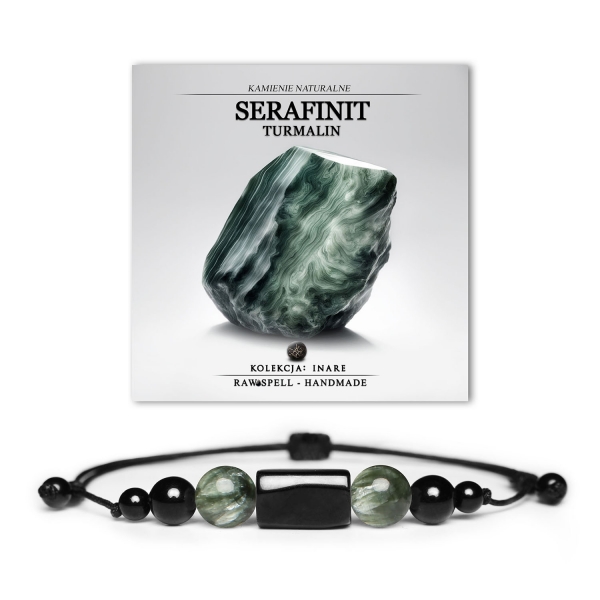 Bransoletka Inare z serafinitu i turmalinu, wykonana z naturalnych kamieni, idealna dla kobiet i mężczyzn.