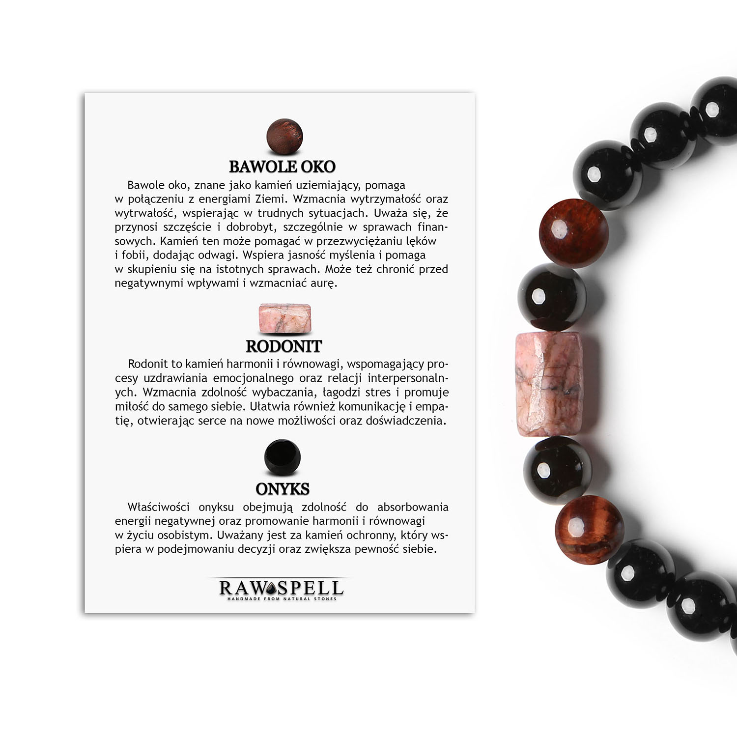 Bransoletka na sznurku Laeri z Bawolim Okiem, różowym rodonitem i onyksami, doskonała dla obu płci Elegancka bransoletka z kolekcji Laeri, wykonana z naturalnych kamieni: Bawole Oko, różowy Rodonit oraz Onyks, doskonała dla obu płci.