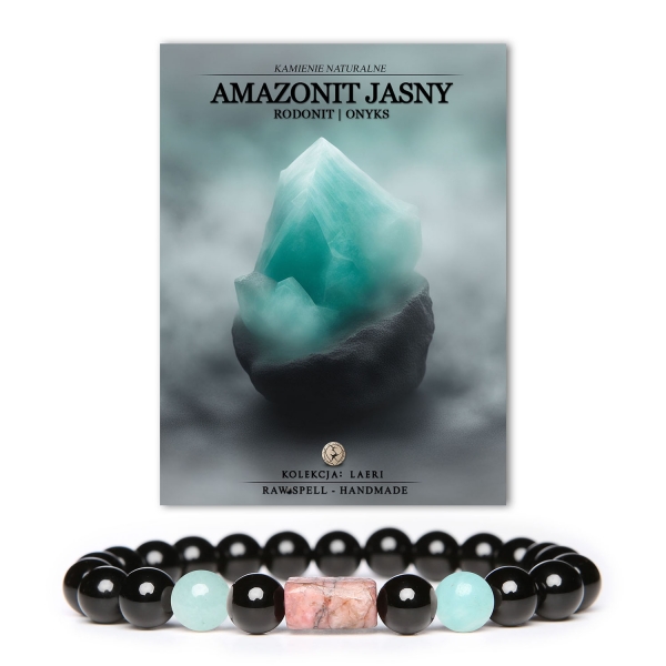 Wyjątkowa bransoletka - Amazonit Jasny, Rodonit w kolorze różowym i Onyks - doskonały wybór dla wszystkich miłośników kamieni szlachetnych.