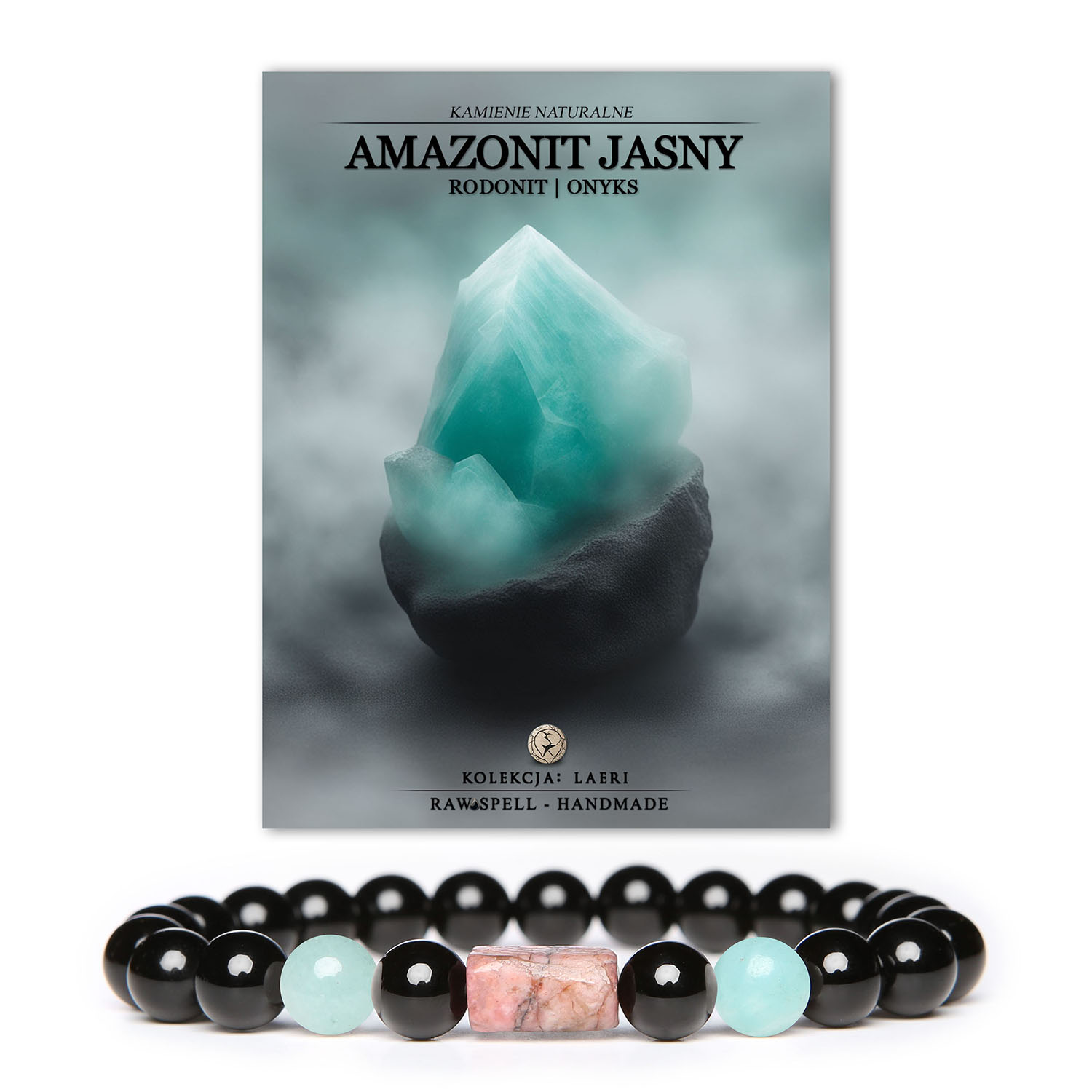 Wyjątkowa bransoletka - Amazonit Jasny, Rodonit w kolorze różowym i Onyks - doskonały wybór dla wszystkich miłośników kamieni szlachetnych.