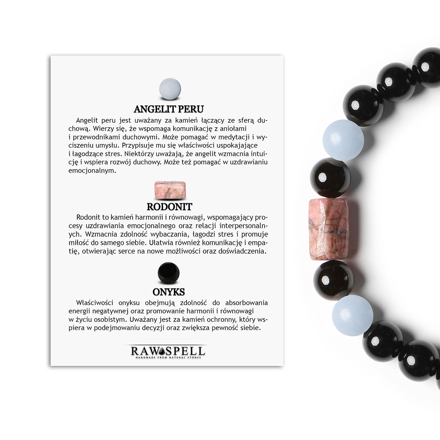 Bransoletka na sznurku Laeri z angelitem z Peru, rodonitem w kolorze różowym i onyksami, doskonała dla każdego Bransoletka Laeri z naturalnych kamieni: Peru Angelit, różowy Rodonit i Onyks - modny dodatek dla obu płci.