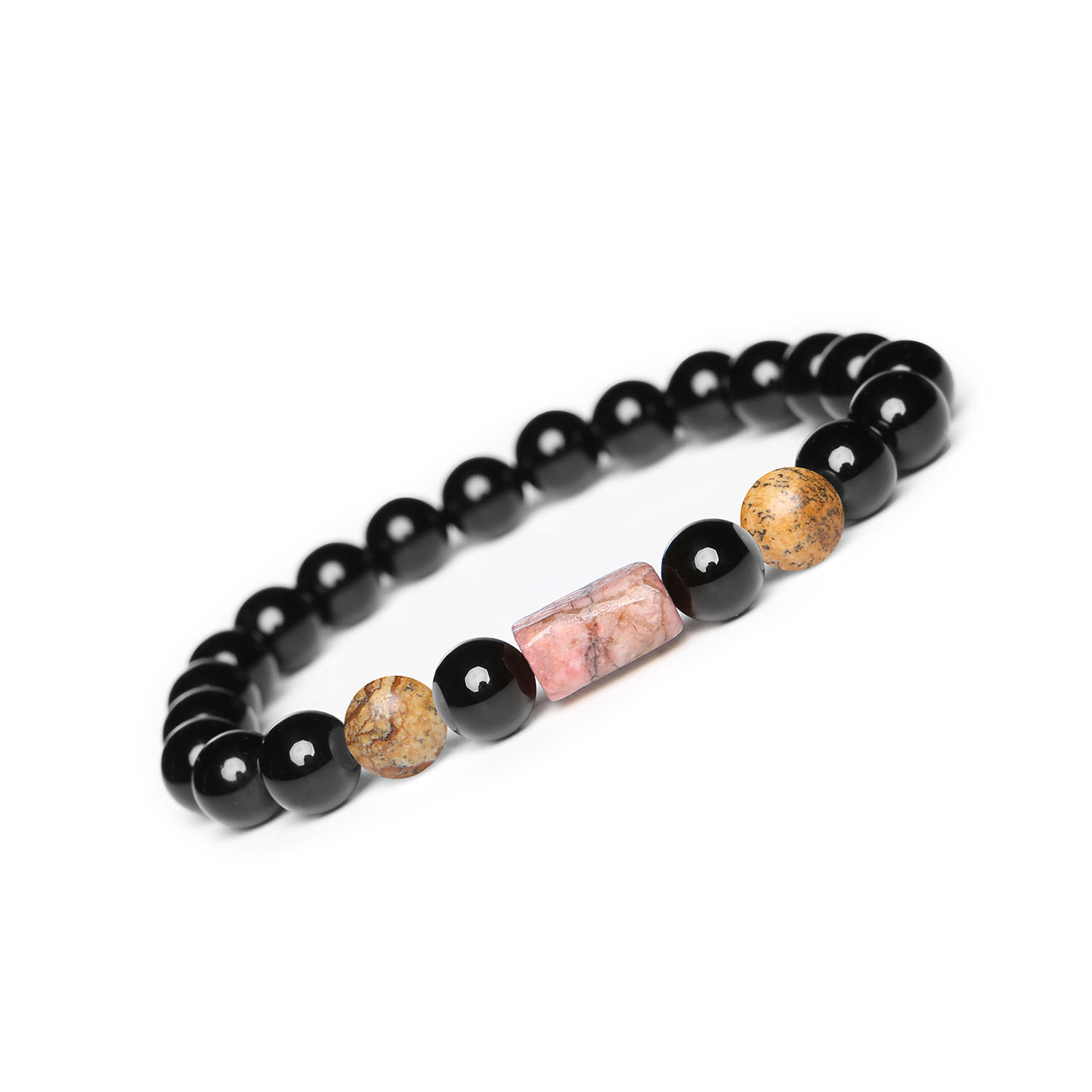 Bransoletka na sznurku Laeri z jaspisem obrazkowym, rodonitem w różowym kolorze i onyksami dla kobiet i mężczyzn Elegancka bransoletka z kolekcji Laeri, ozdobiona jaspisem obrazkowym, różowym rodonitem i onyksami - stylowy dodatek dla każdego.