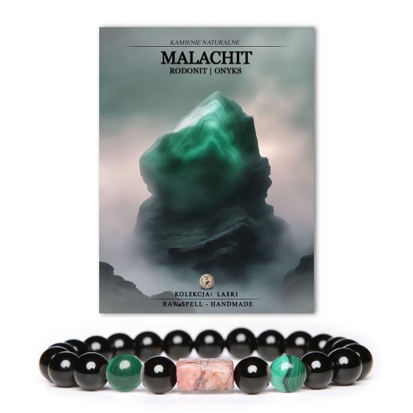 Bransoletka Laeri z kamieniami malachit, rodonit (różowy) oraz onyks – unikalna biżuteria unisex dla miłośników natury.