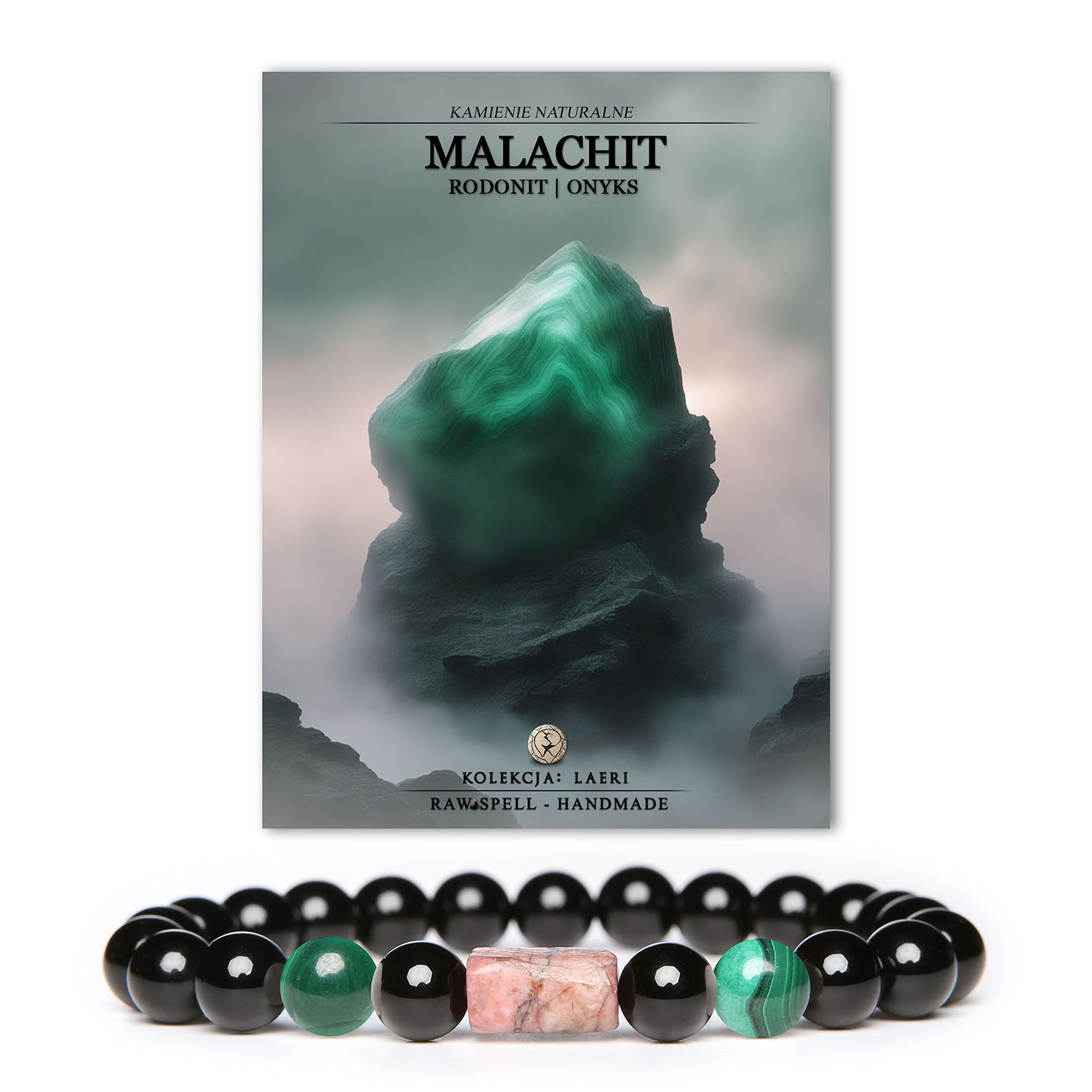 Bransoletka Laeri z kamieniami malachit, rodonit (różowy) oraz onyks – unikalna biżuteria unisex dla miłośników natury.