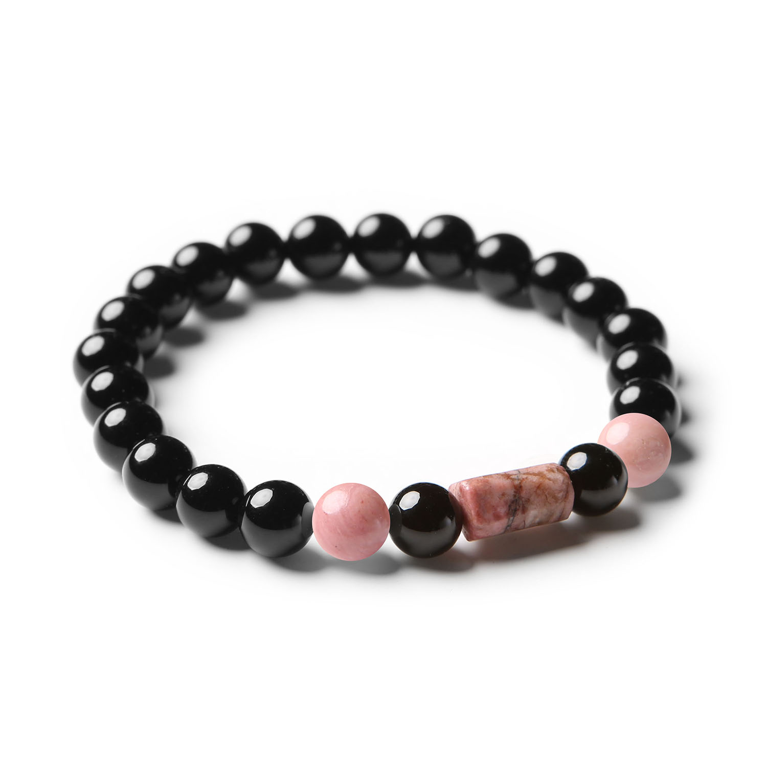 Elegancka bransoletka Laeri z różowym rodonitem i onyksami, uniwersalna biżuteria dla kobiet i mężczyzn.