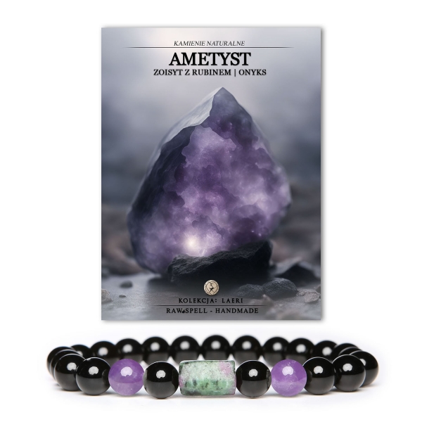 Stylowa bransoletka z kolekcji Laeri, ozdobiona ametystem, zoisytami z rubinem oraz onyksami, doskonała zarówno dla kobiet, jak i mężczyzn.