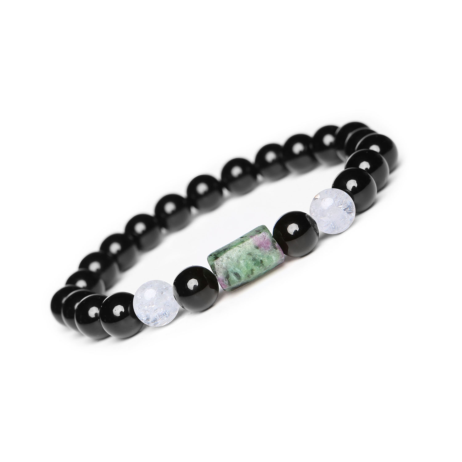 Bransoletka na sznurku z Kolekcji Laeri Kryształ Górski z Rubinem i Onyks Bransoletka Laeri z naturalnymi kamieniami: Kryształ Górski Lodowy, Zoisyt z Rubinem i Onyks. Idealna dla kobiet i mężczyzn.